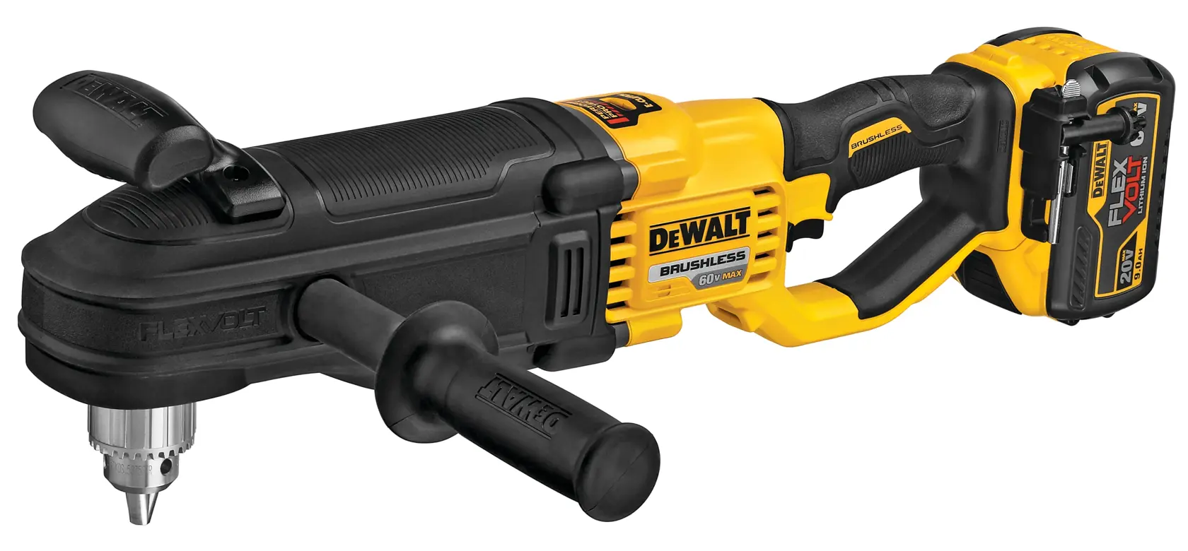A DEWALT FlexVolt brushless cordless right angle drill with a side handle and attached battery. The tool is mainly black and yellow in color.