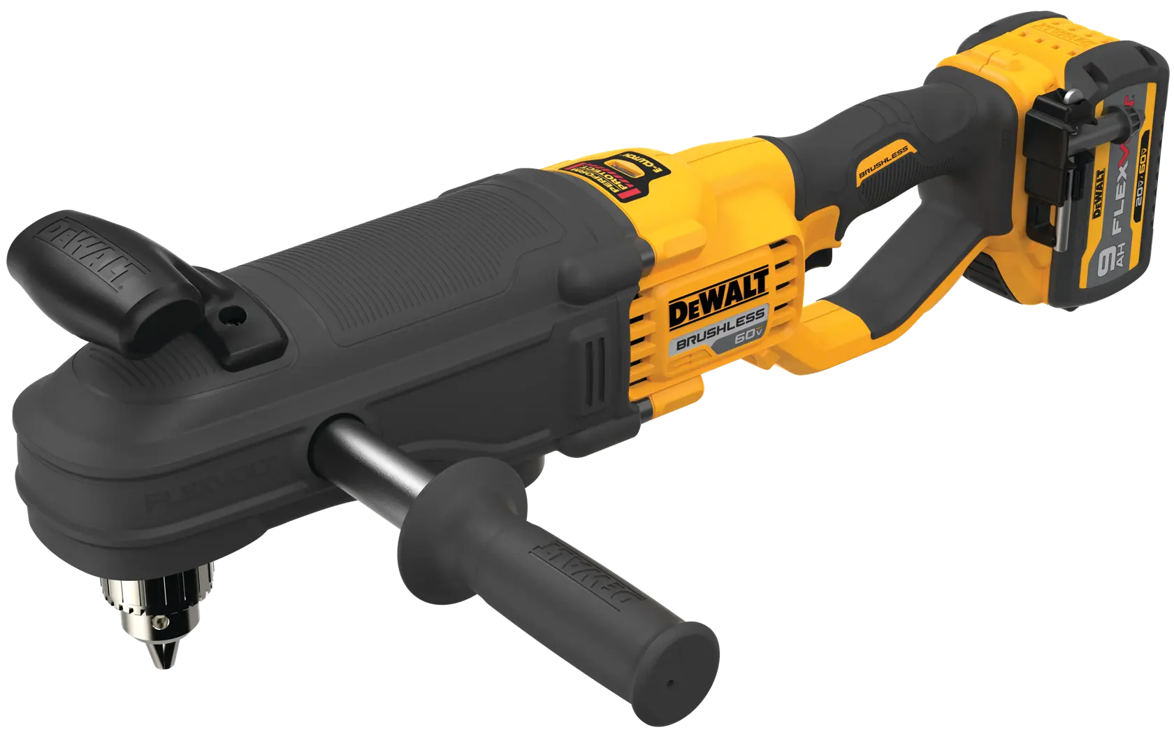 A DEWALT cordless brushless right angle drill with FlexVolt battery, featuring yellow and black design and a side handle for stability.