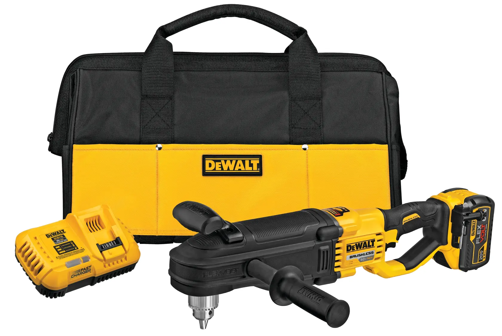 A DEWALT 60V MAX FlexVolt cordless brushless right angle drill with a black and yellow body, pistol grip handle, and battery pack attached at the end.