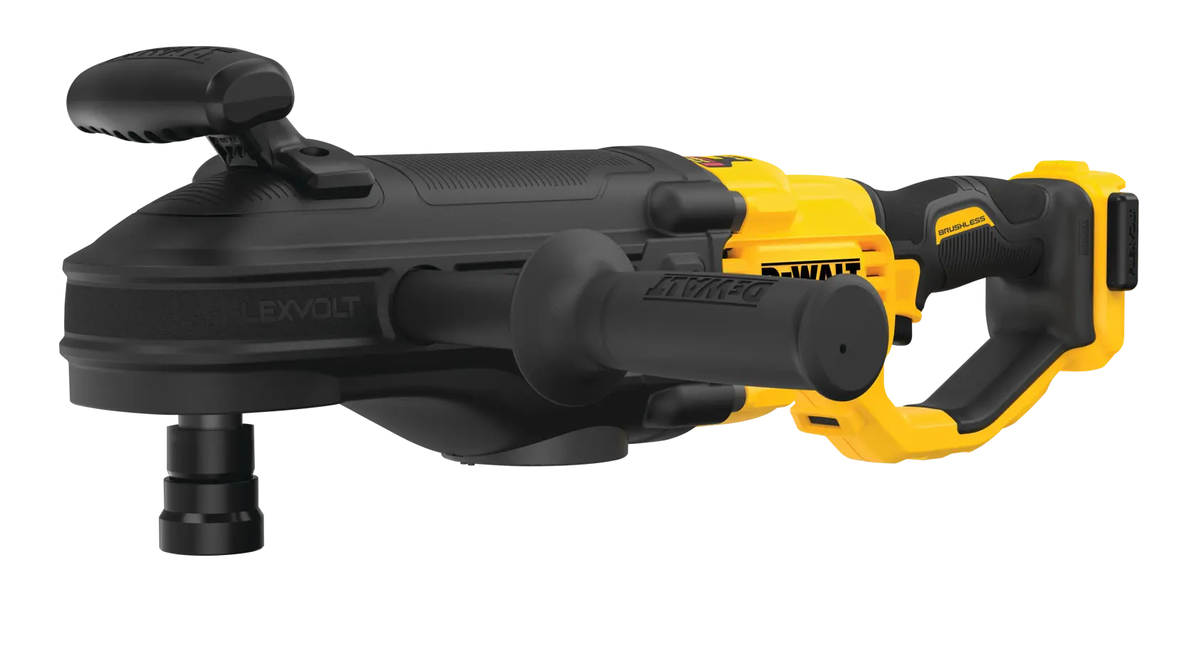 A DEWALT cordless FLEXVOLT power tool, specifically a high torque right angle drill, shown in side view with its ergonomic handle and side grip.