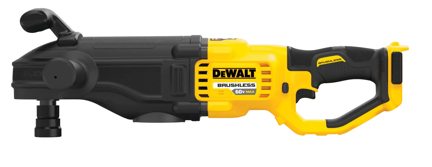 A DEWALT brushless cordless power tool, specifically a 60V MAX right angle drill, featuring a yellow and black design with ergonomic handle.