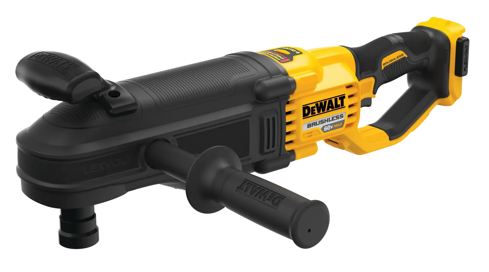 DEWALT cordless brushless FlexVolt right angle drill with side handle, shown on a white background.
