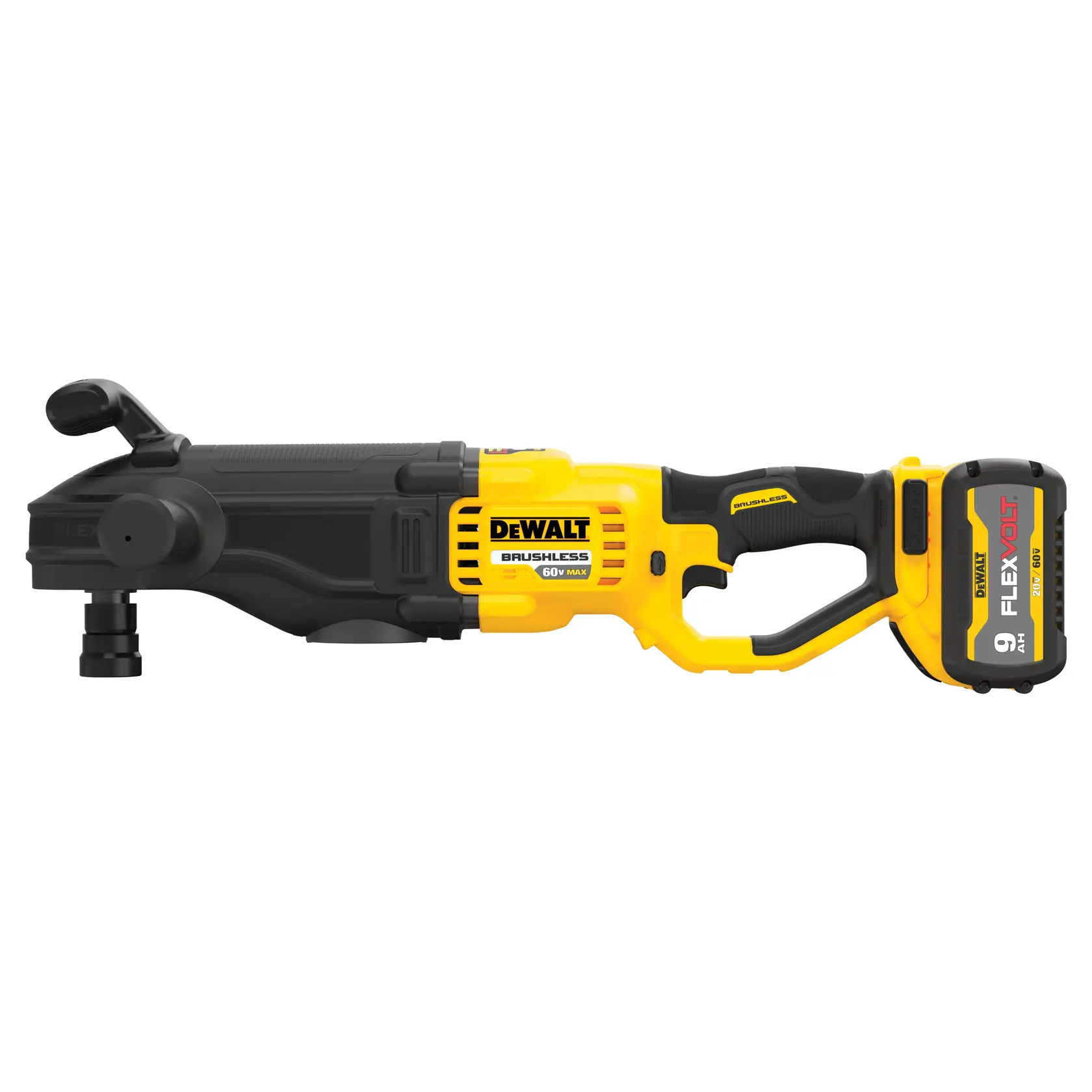 A DEWALT 60V MAX FlexVolt cordless brushless stud and joist drill with a side handle and attached 9Ah battery, mainly yellow and black in color.