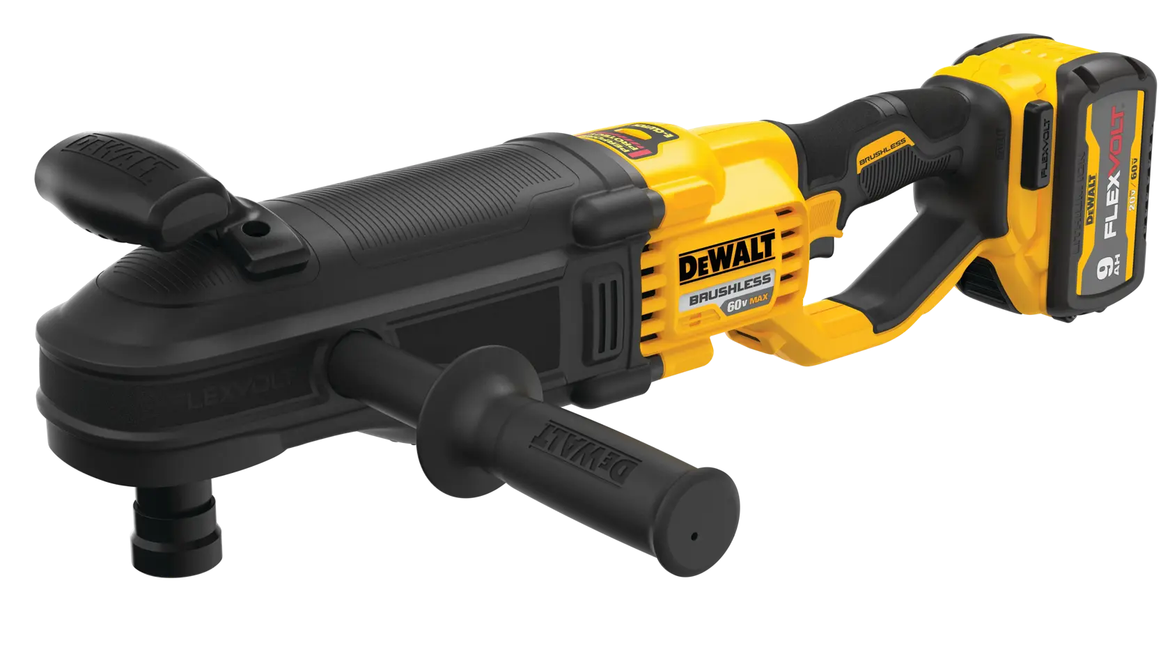 Cordless DEWALT brushless FLEXVOLT right angle drill with a side handle, yellow and black color, model DCD471X1.