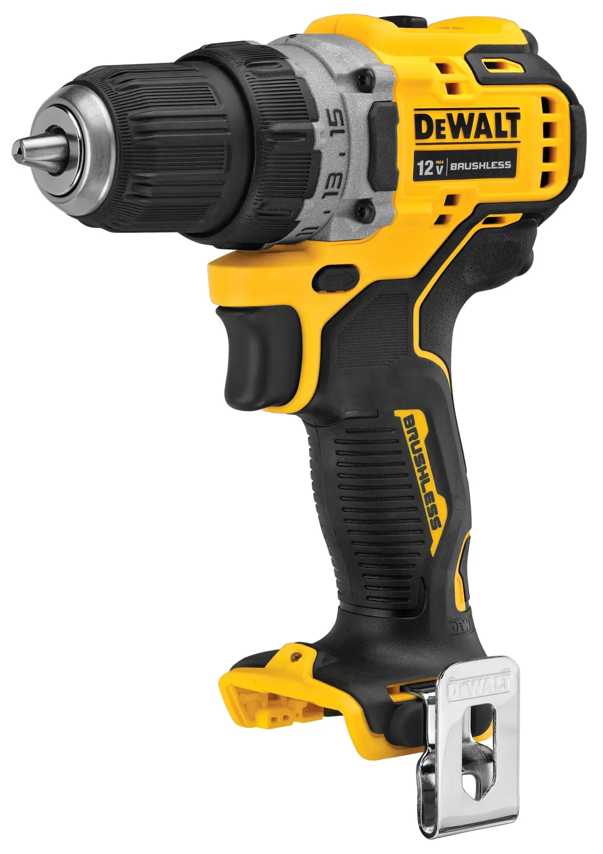 A DEWALT 12V cordless brushless drill driver, shown in a close-up profile view. The tool features a yellow and black casing with a metal belt clip and an ergonomic grip.