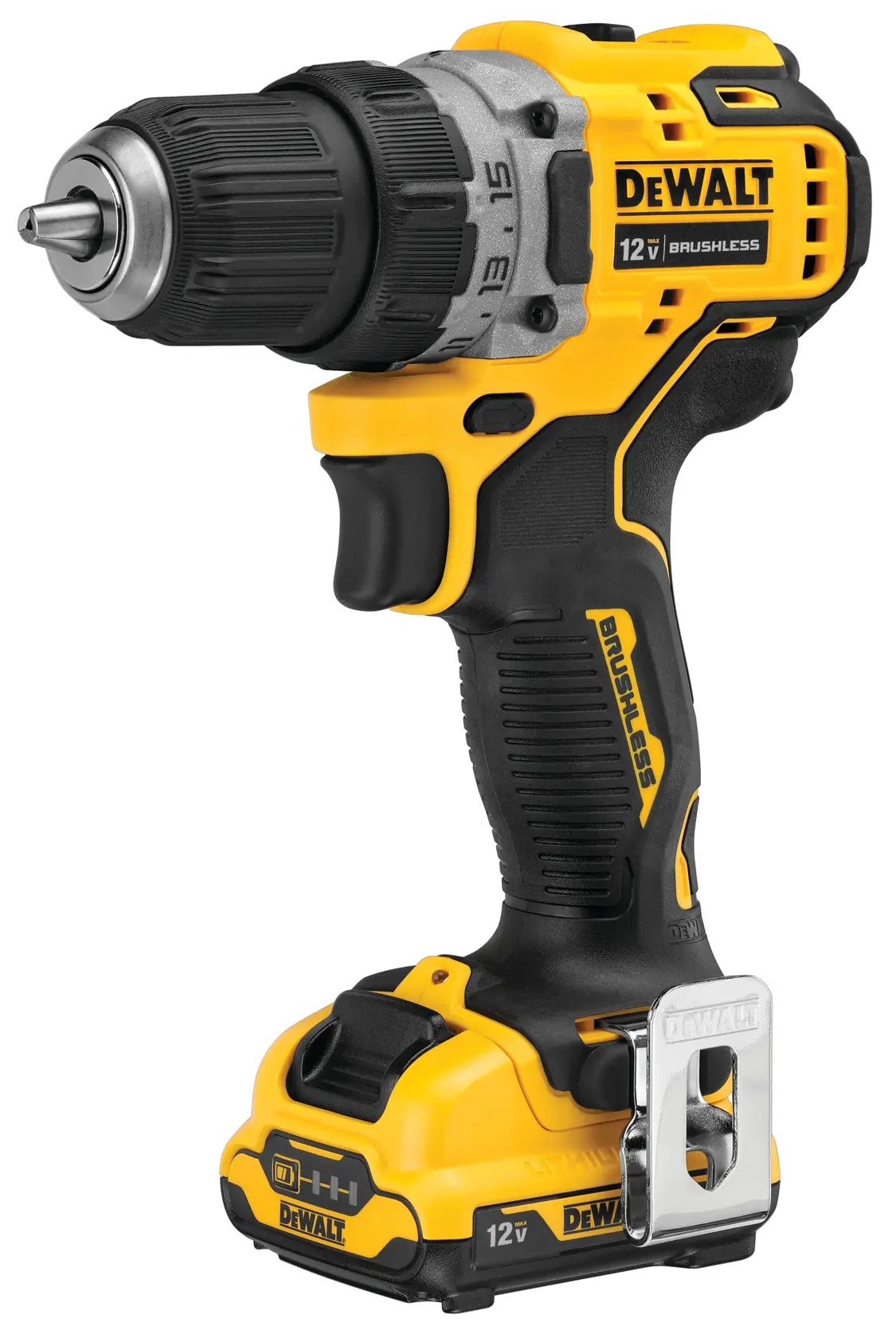 A yellow and black DEWALT 12V cordless brushless drill shown standing upright with a metal belt clip attached near the base.