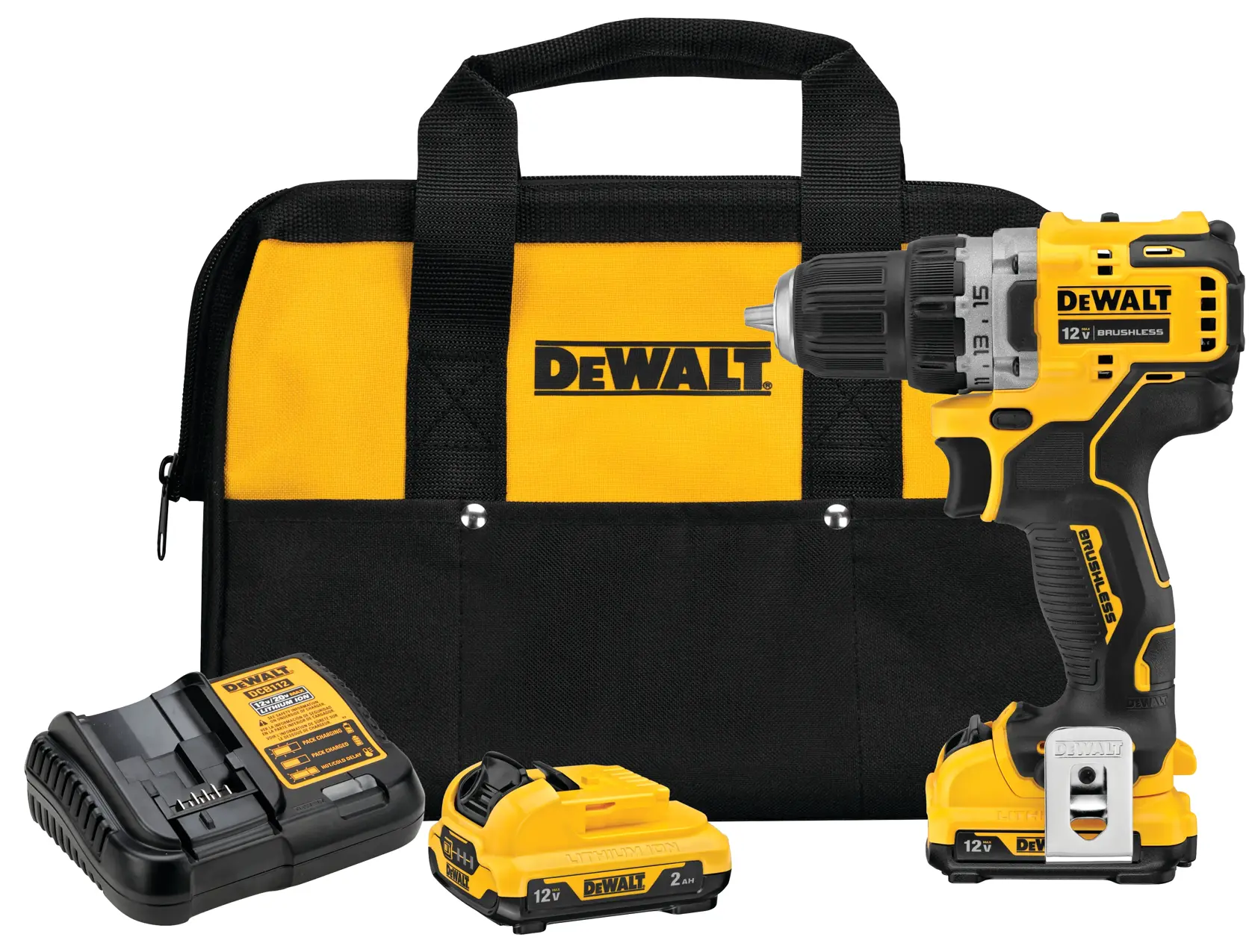 A DEWALT 12V brushless cordless drill kit, including a yellow and black drill, two batteries, a charger, and a matching carrying bag with the DEWALT logo.