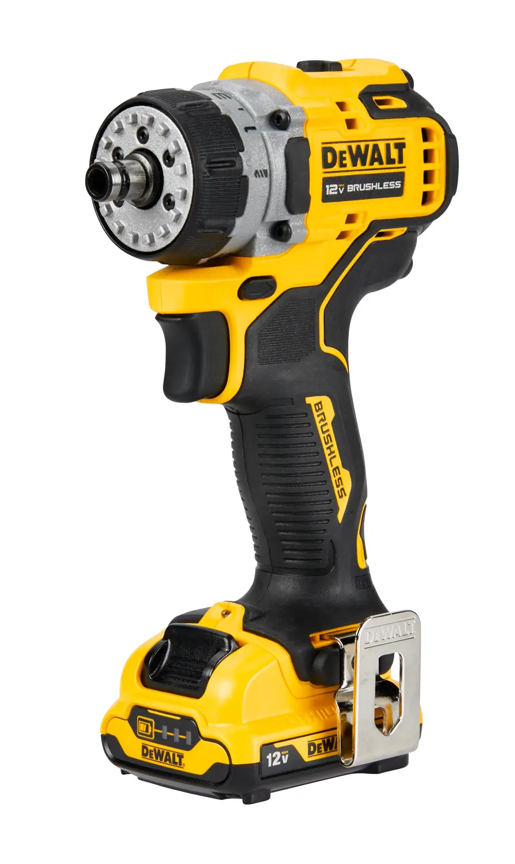 A DEWALT 12V brushless cordless power drill with a yellow and black design, standing upright against a white background.