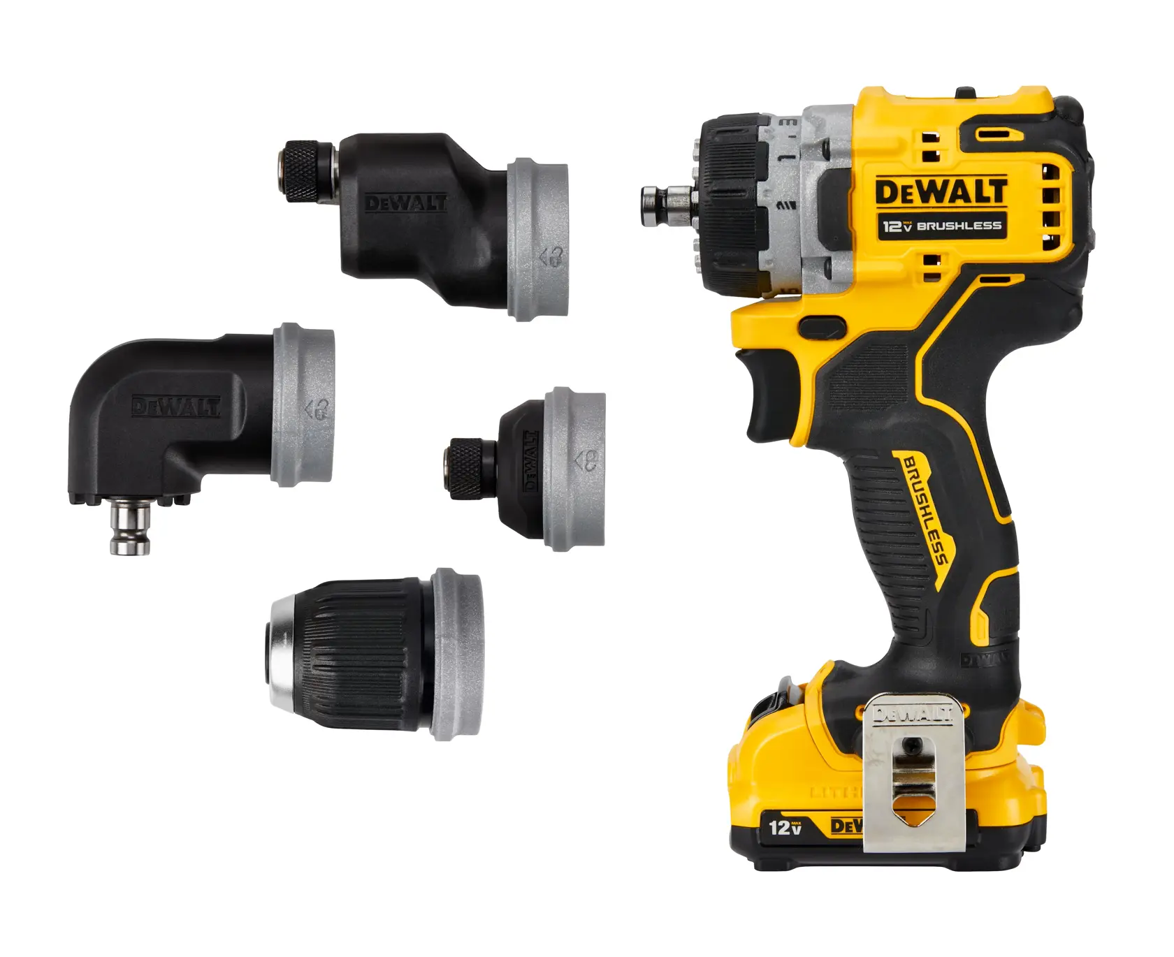 DEWALT DCD703F1 12V brushless cordless drill with four interchangeable attachments displayed beside it, including right angle and hex attachments. The drill is black and yellow.