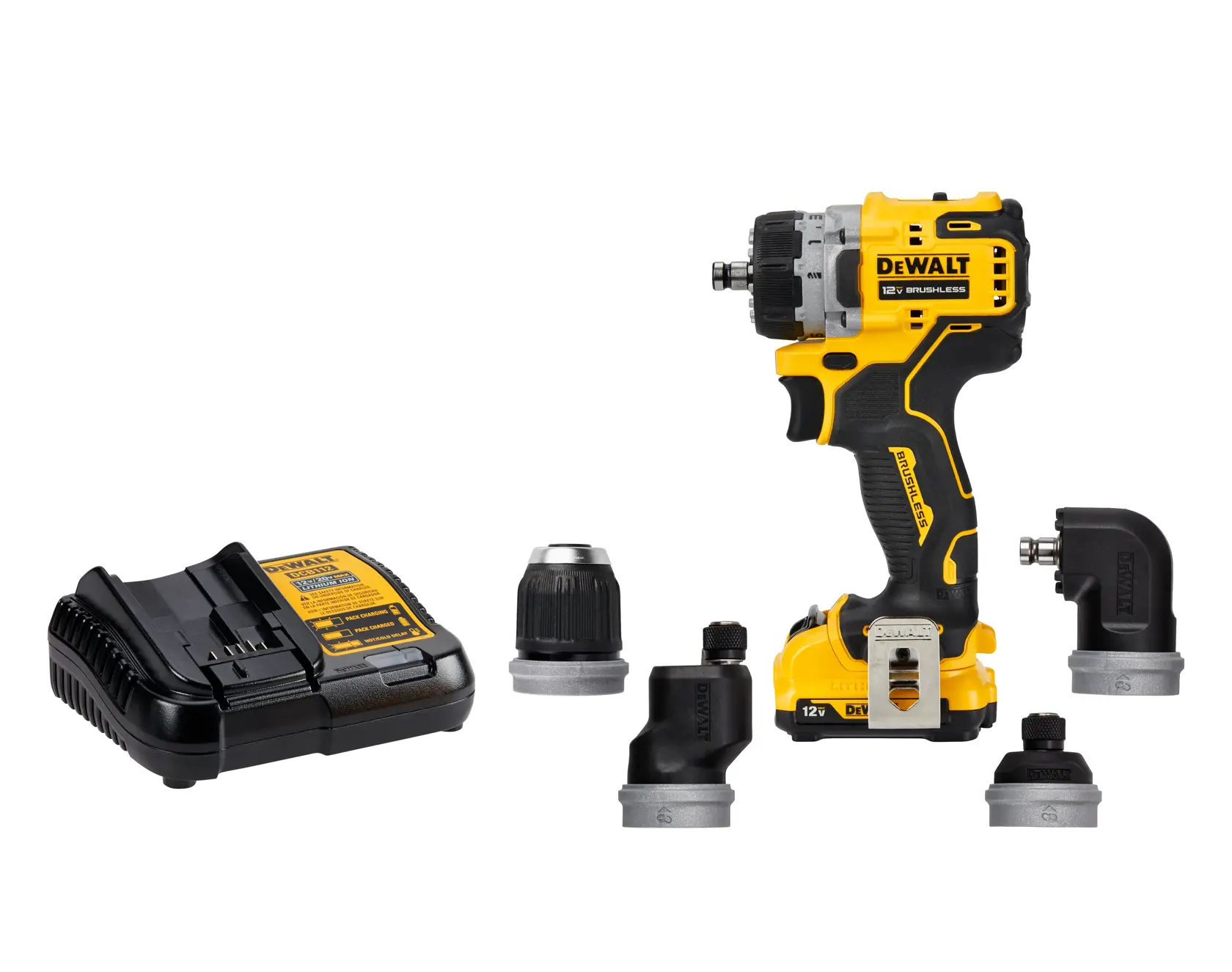 A DEWALT cordless drill kit including a yellow and black drill, a battery charger, and four different detachable attachments, all arranged on a white background.