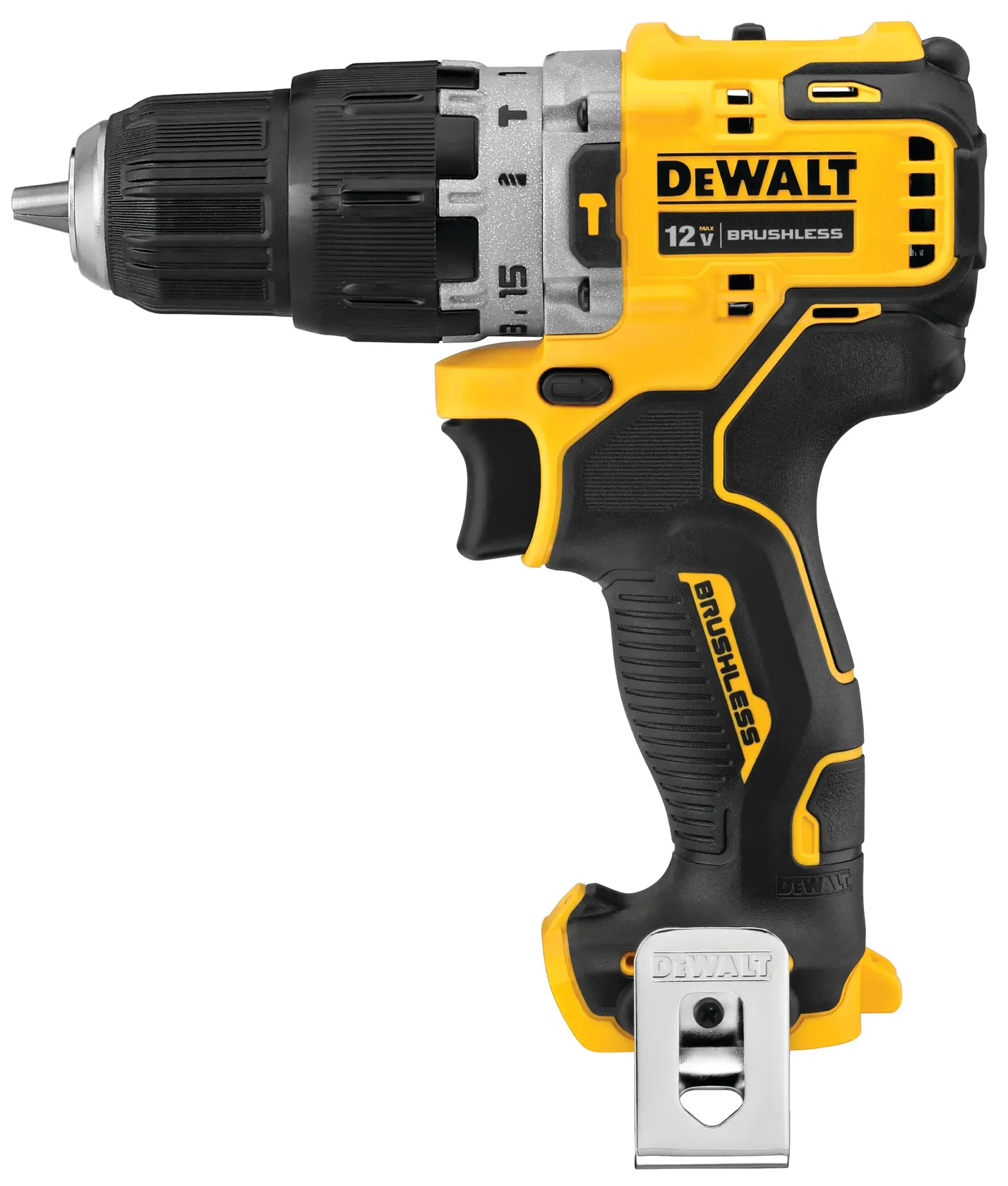 A DEWALT 12V brushless cordless drill with a yellow and black design, featuring a metal belt clip and ergonomic handle.