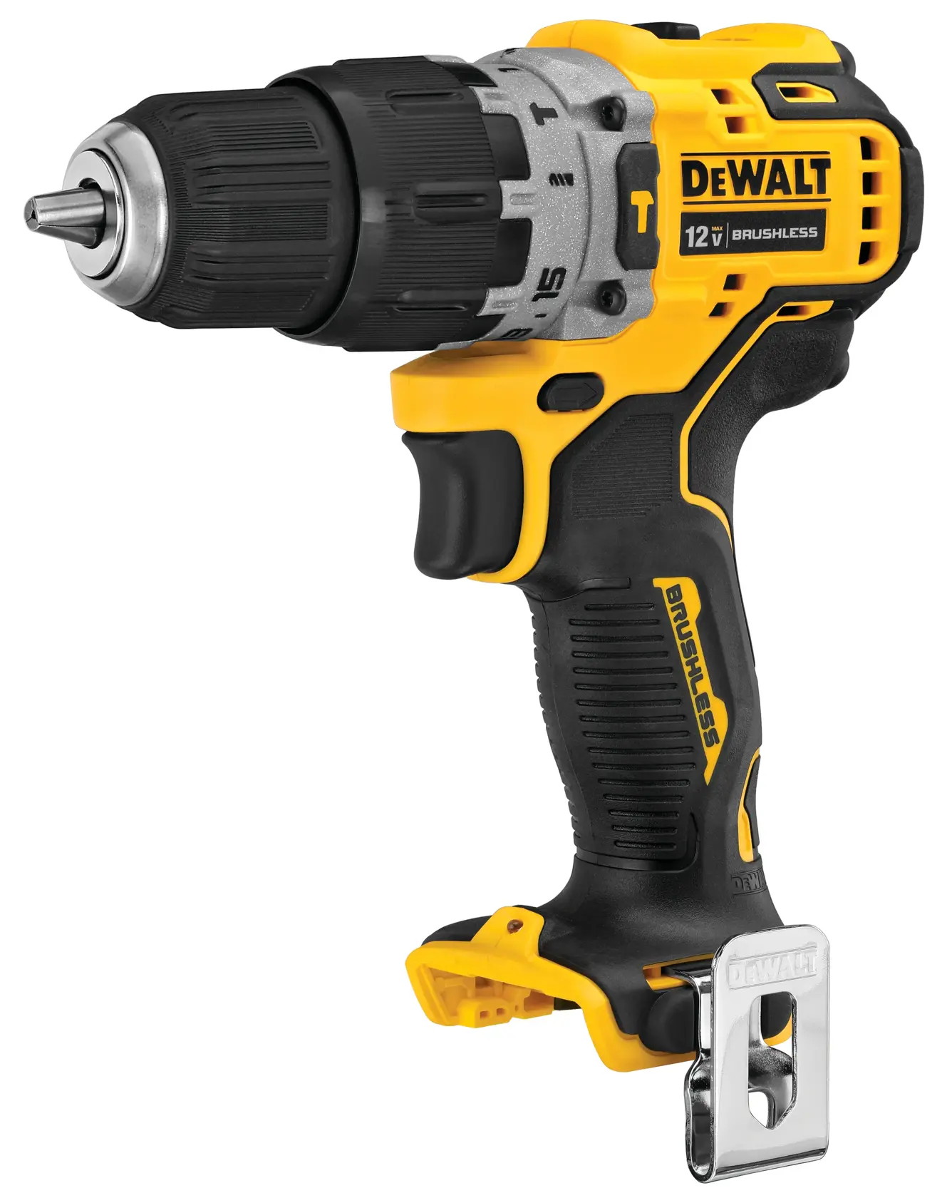 A yellow and black DEWALT 12V brushless cordless drill with a metal belt clip shown in a side view.