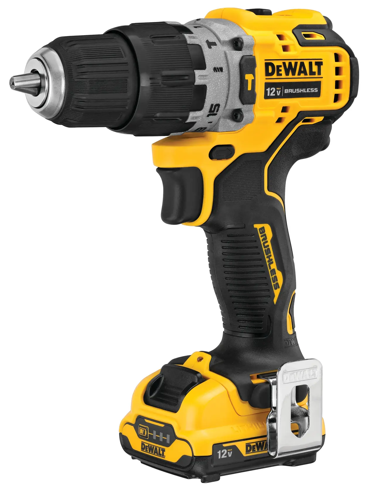 A yellow and black DEWALT 12V brushless cordless drill with a battery attached at the base and a belt clip on the side.