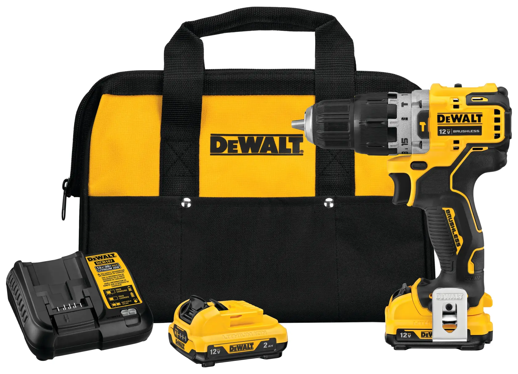A DEWALT cordless drill kit, including a yellow and black drill, two rechargeable batteries, a charger, and a black and yellow tool bag with DEWALT branding.