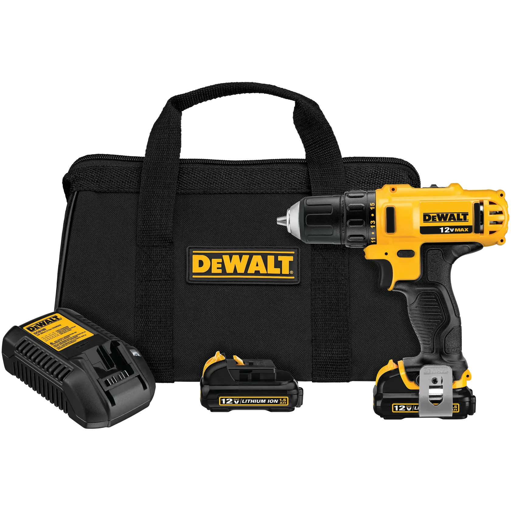 A DEWALT 12V Max cordless drill kit, including a yellow and black drill, two lithium ion batteries, a charger, and a black carrying case with the DEWALT logo.