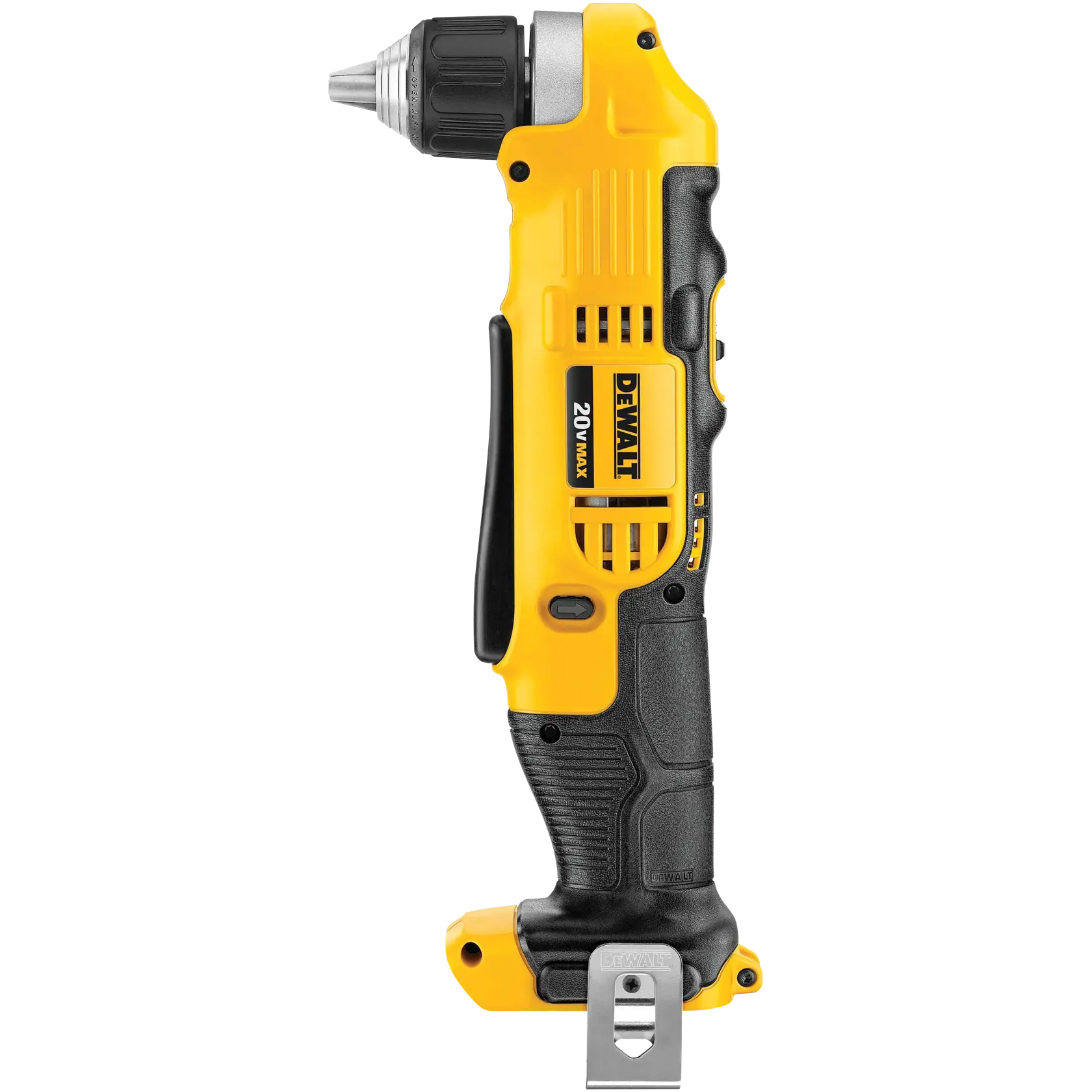 A DEWALT 20V Max cordless right angle drill with a yellow and black ergonomic handle, shown standing upright against a white background.
