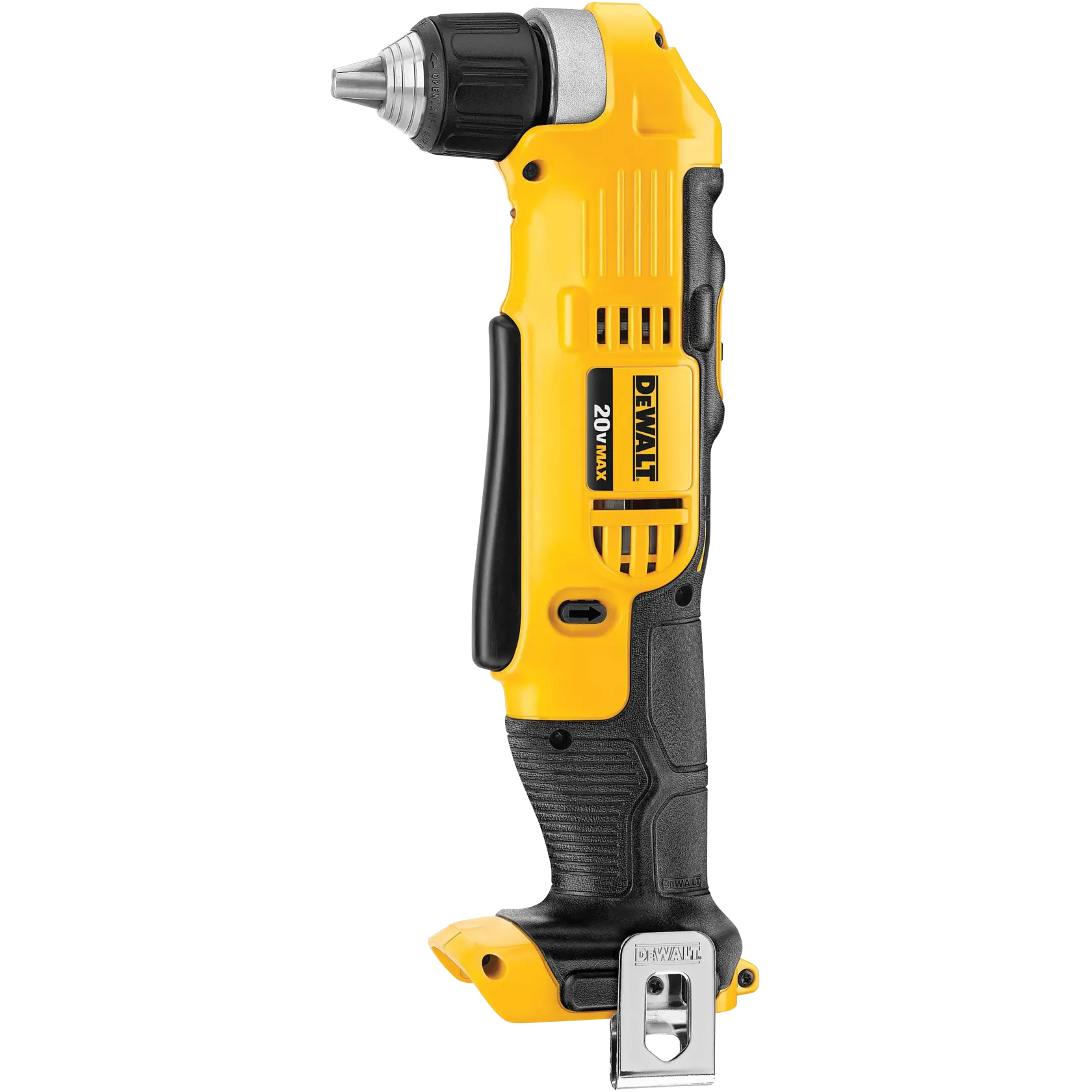 A DEWALT 20V MAX cordless right angle drill body, model DCD740B, shown in yellow and black with a metal belt clip at the bottom. The drill has an ergonomic grip and an angled head for tight spaces. No battery is attached.