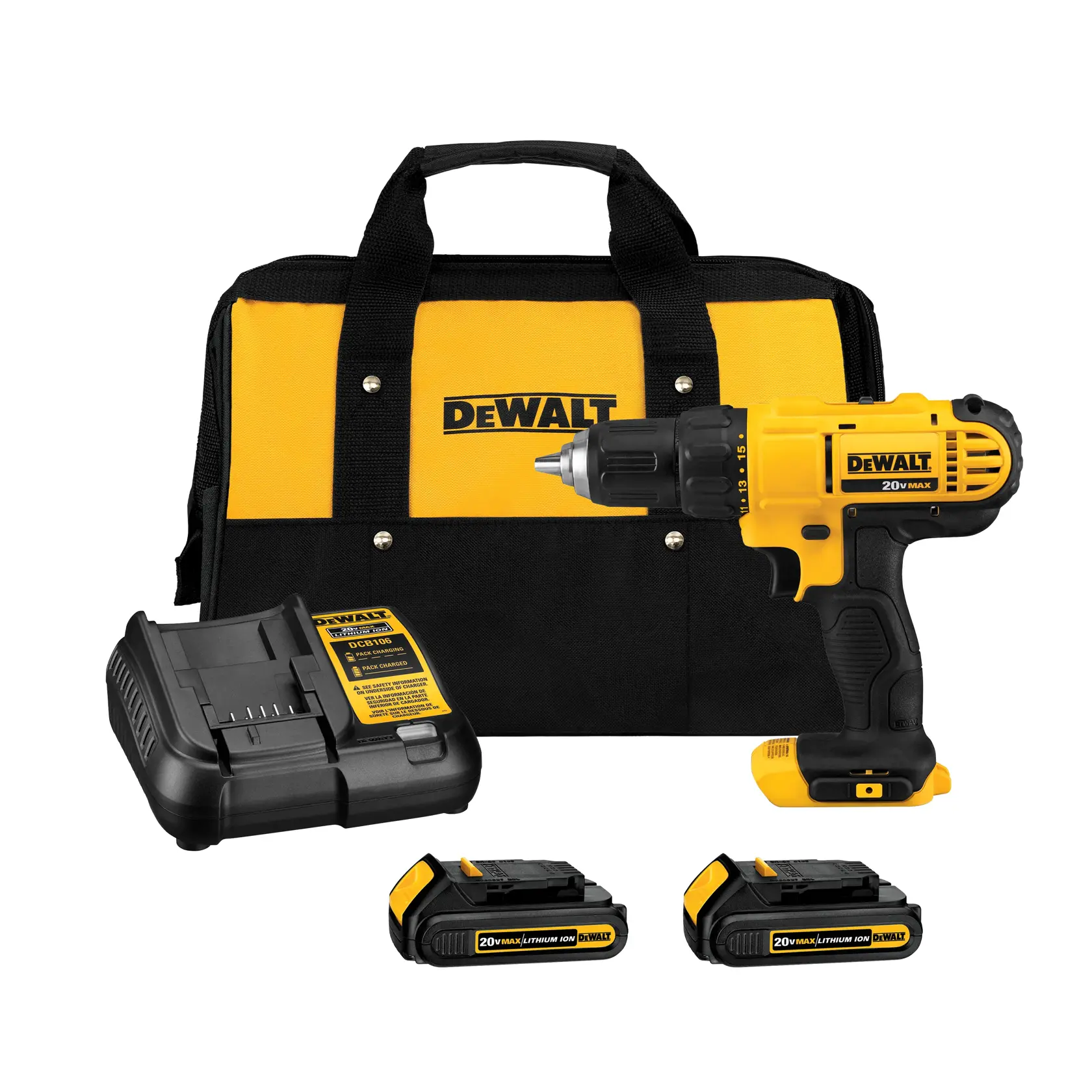 A DEWALT cordless drill set including a yellow and black drill, a black and yellow soft carrying bag, a battery charger, and a rechargeable battery, all displayed together.
