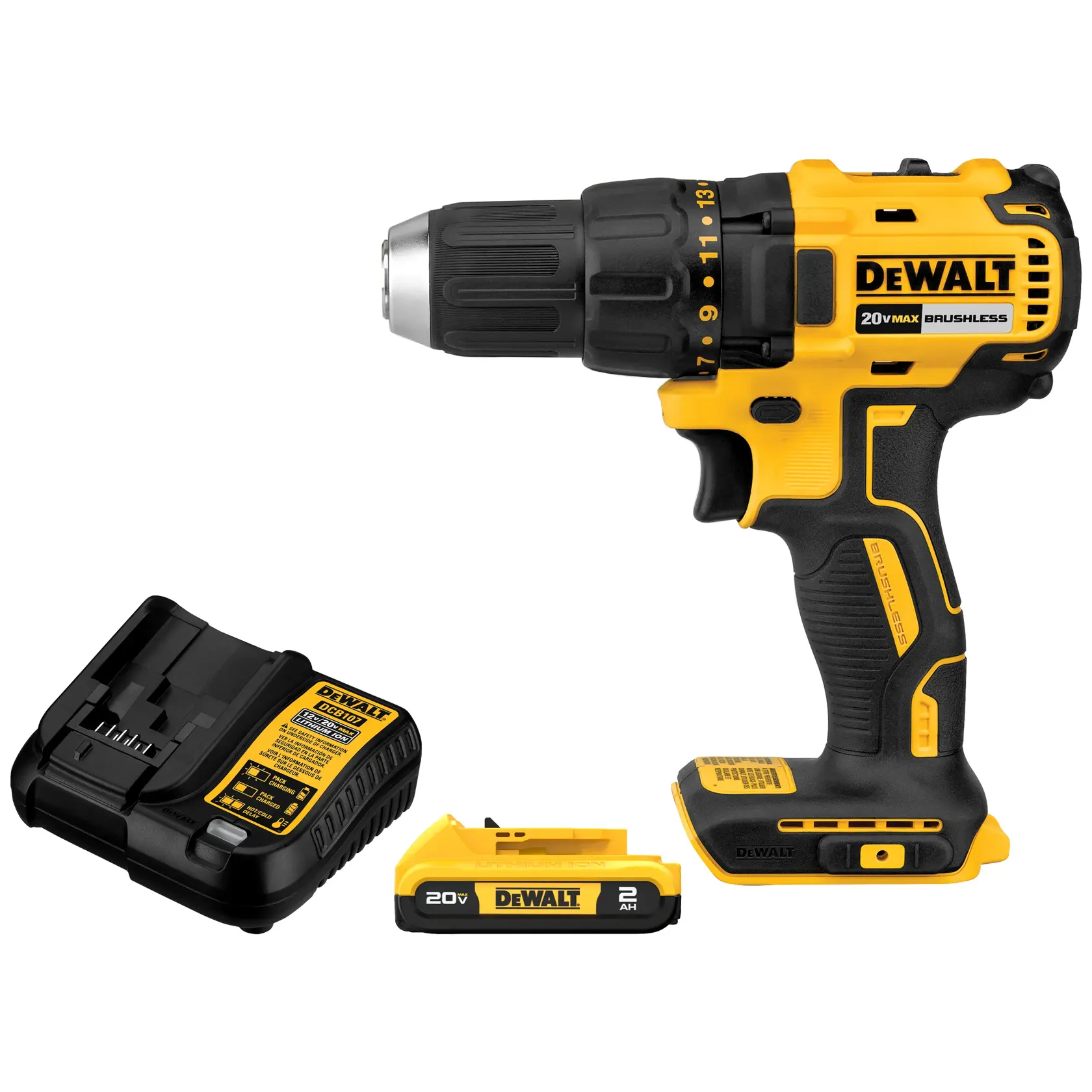 DEWALT 20V cordless brushless drill with battery and charger. The set includes a yellow and black power drill, a rechargeable battery, and a battery charger.