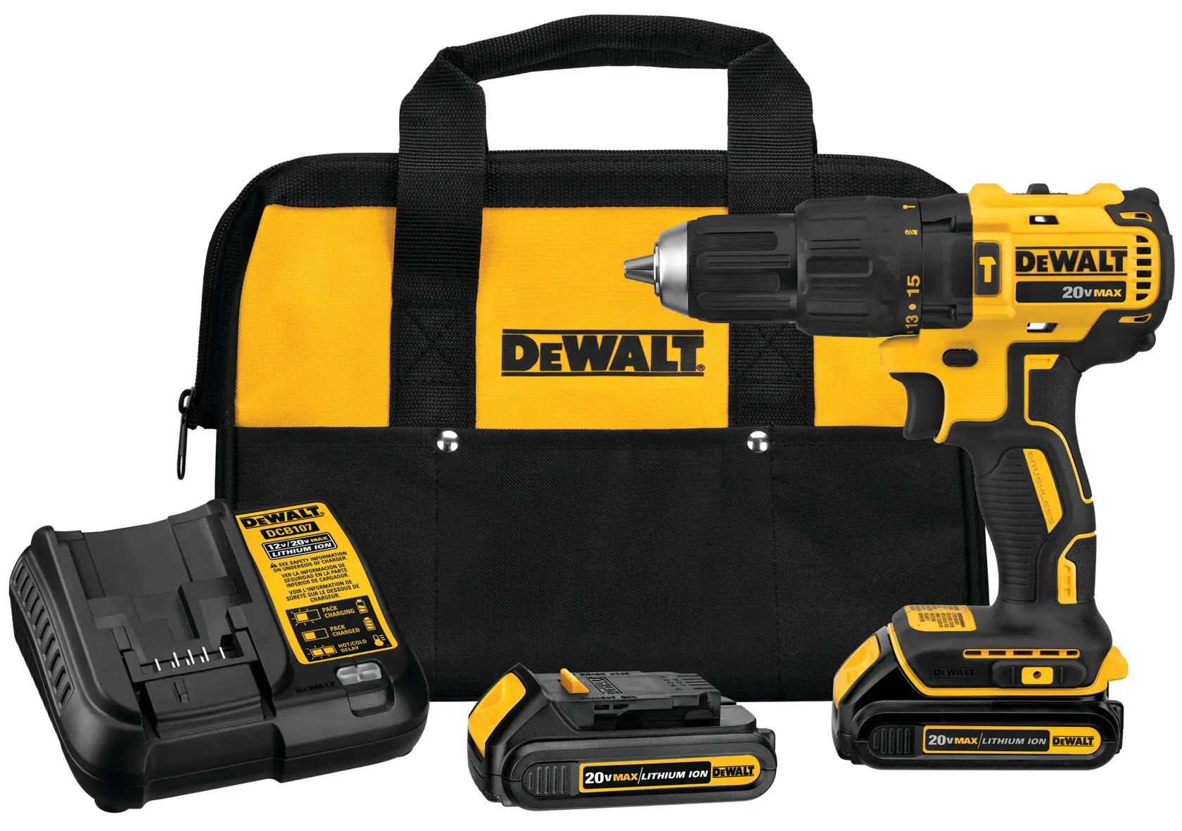 A DEWALT 20V MAX cordless drill set, including a yellow and black drill, two lithium-ion batteries, a charger, and a black and yellow carrying bag with the DEWALT logo.