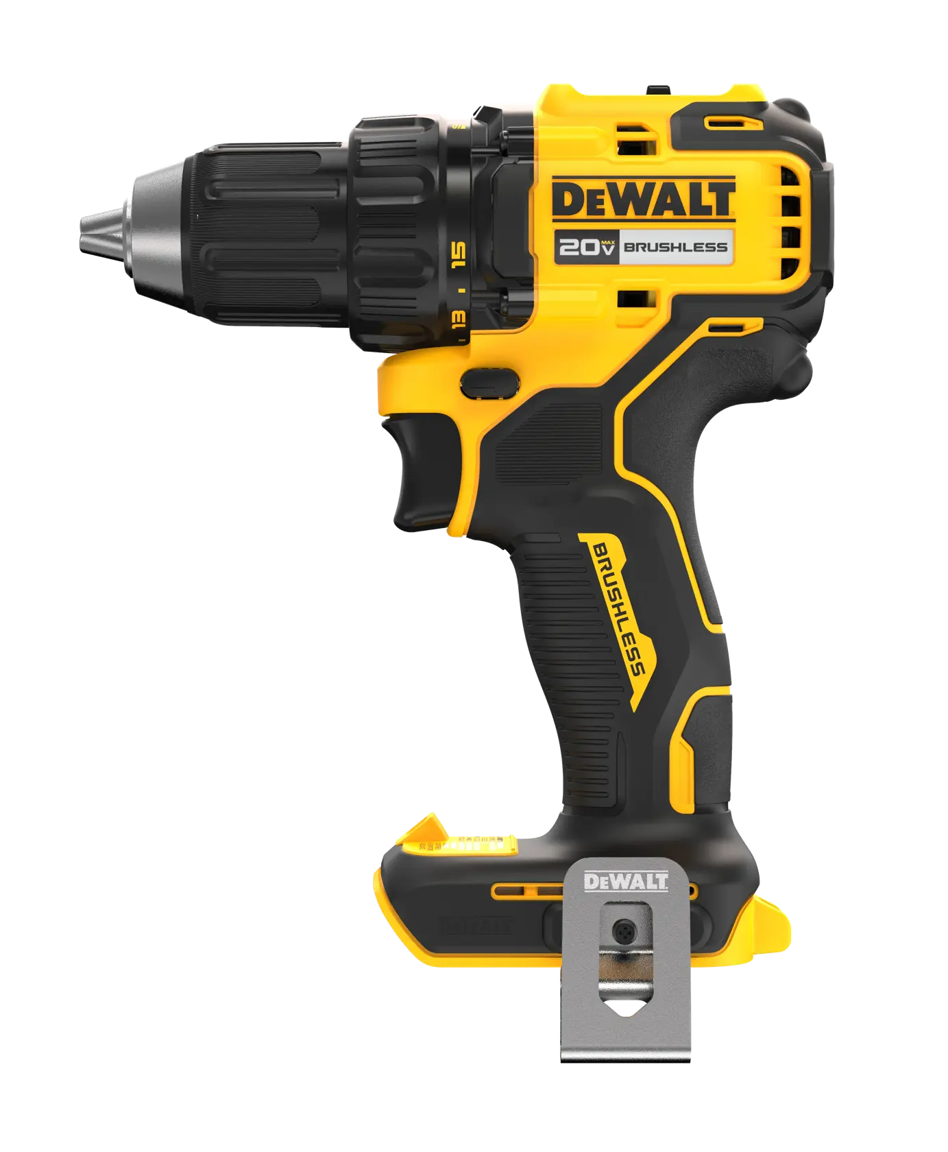 A DEWALT 20V brushless cordless drill with a black and yellow design, shown from the side view.