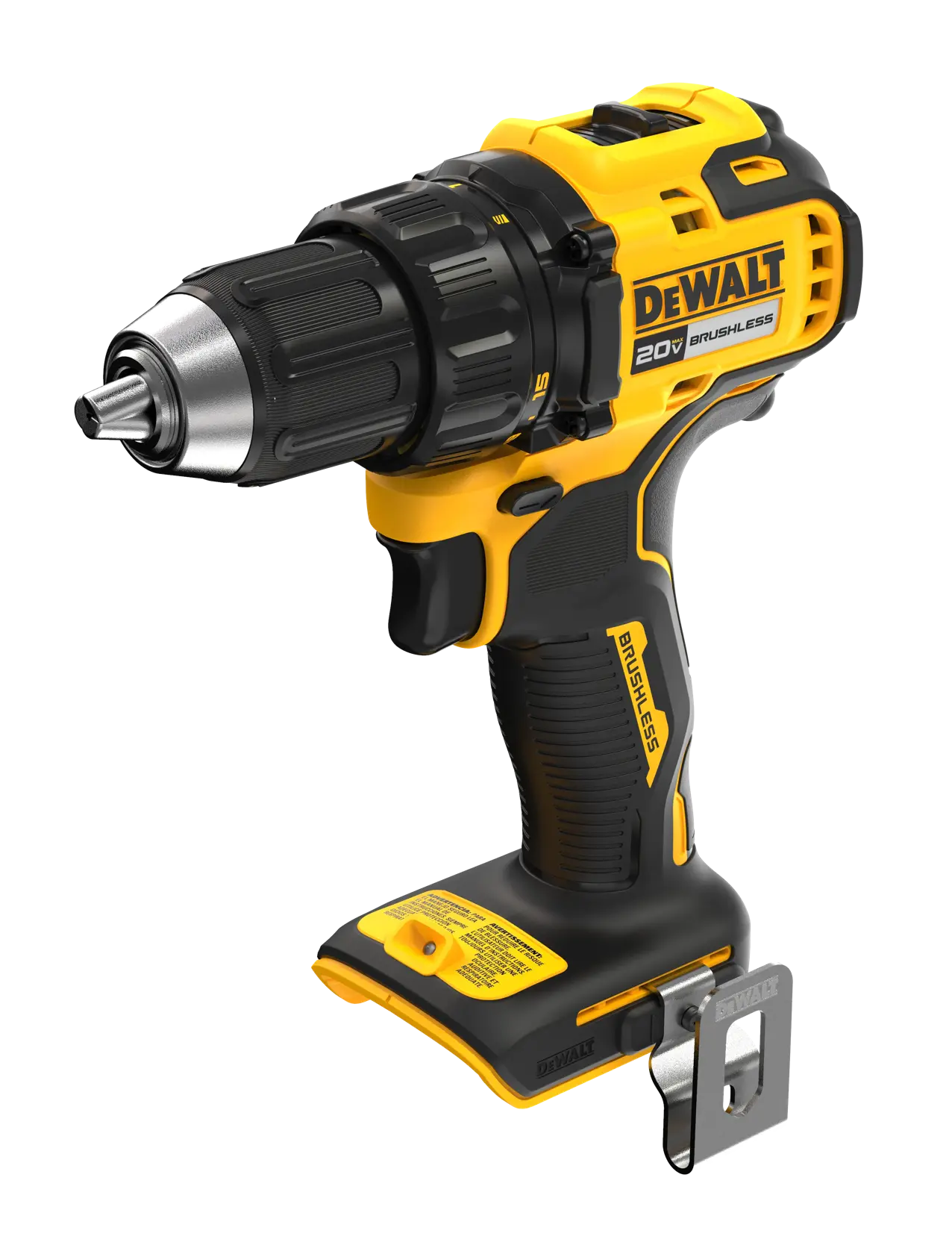 A DEWALT 20V brushless cordless drill with a black and yellow design, featuring a keyless chuck and ergonomic handle. The drill is shown without a battery.