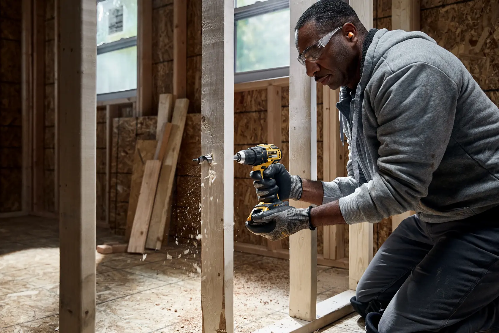 A person wearing gloves and a gray hoodie is using a DEWALT cordless drill to bore a hole into a wooden beam inside a construction site. Sawdust is visible as the drill works through the wood. The person's face is blurred for privacy.