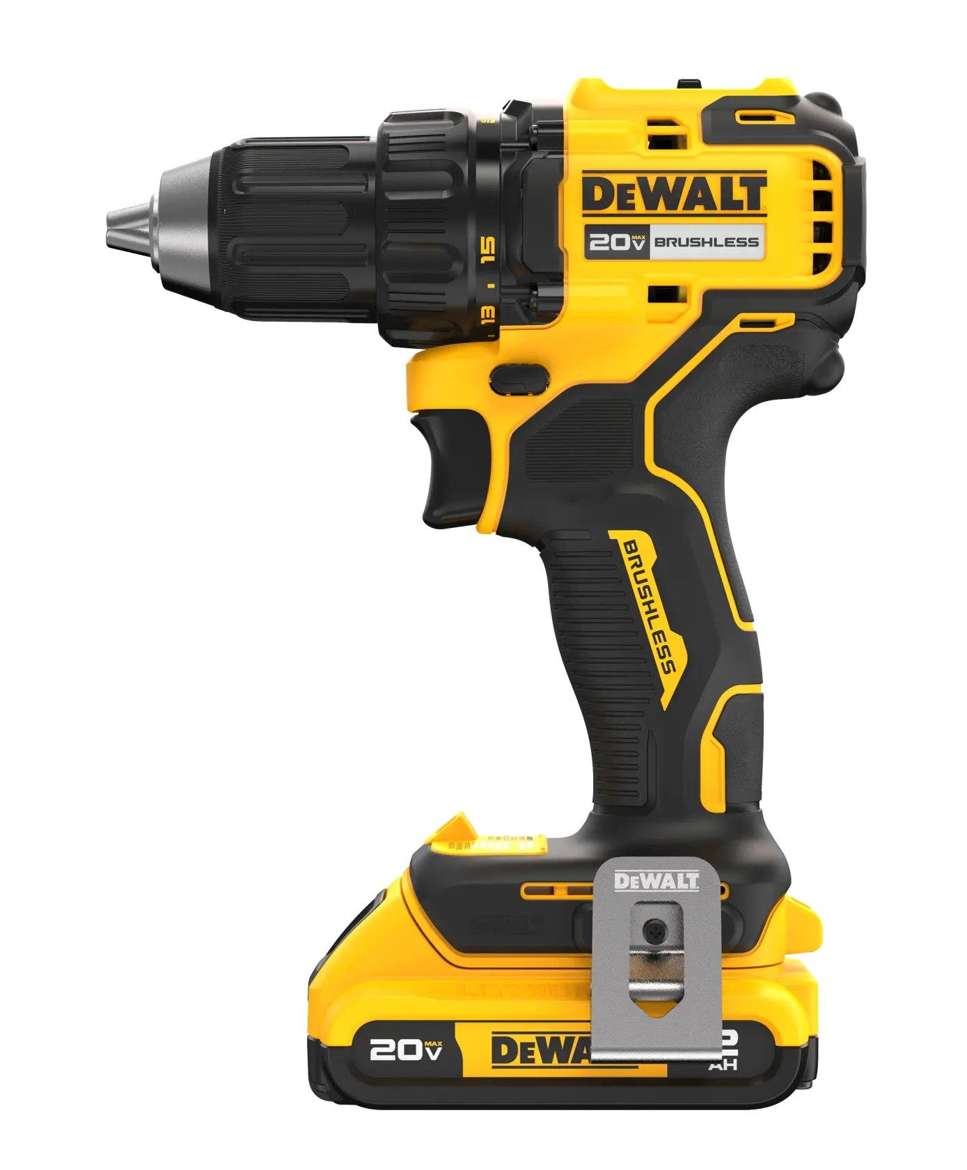 A DEWALT 20V brushless cordless drill with a black and yellow design, featuring a pistol grip handle and a battery attached at the base. The drill has branding and a metal belt clip on the side.