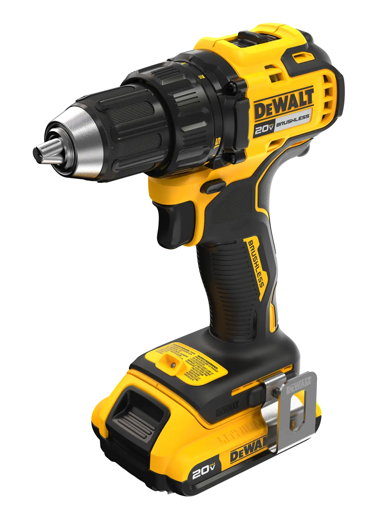 A DEWALT 20V cordless brushless power drill, model DCD793D1, featuring a yellow and black design with ergonomic handle and metal belt clip.