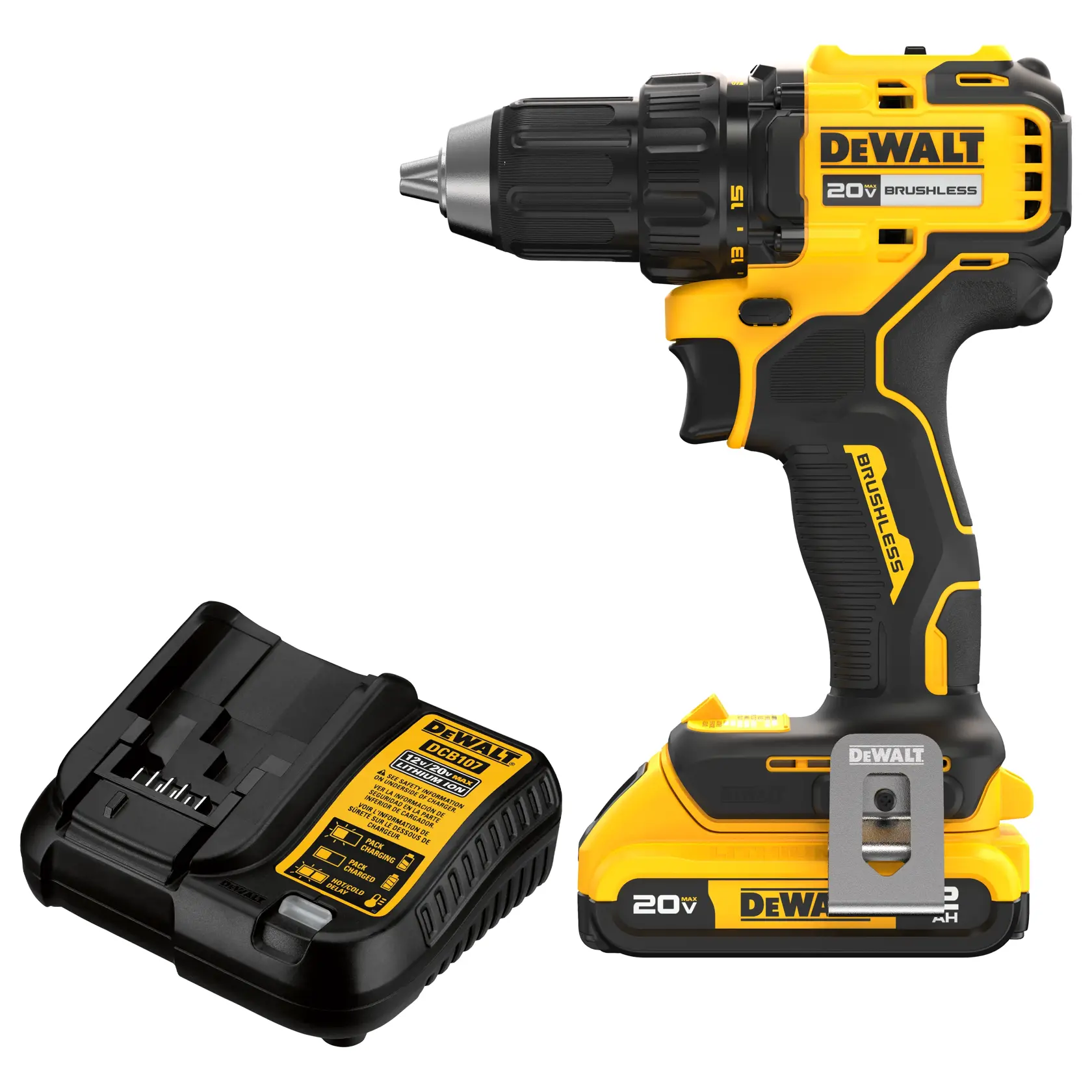 A DEWALT 20V brushless cordless drill with battery and charger. The drill has a yellow and black design, and the charger is placed next to it. Both items are shown on a white background.