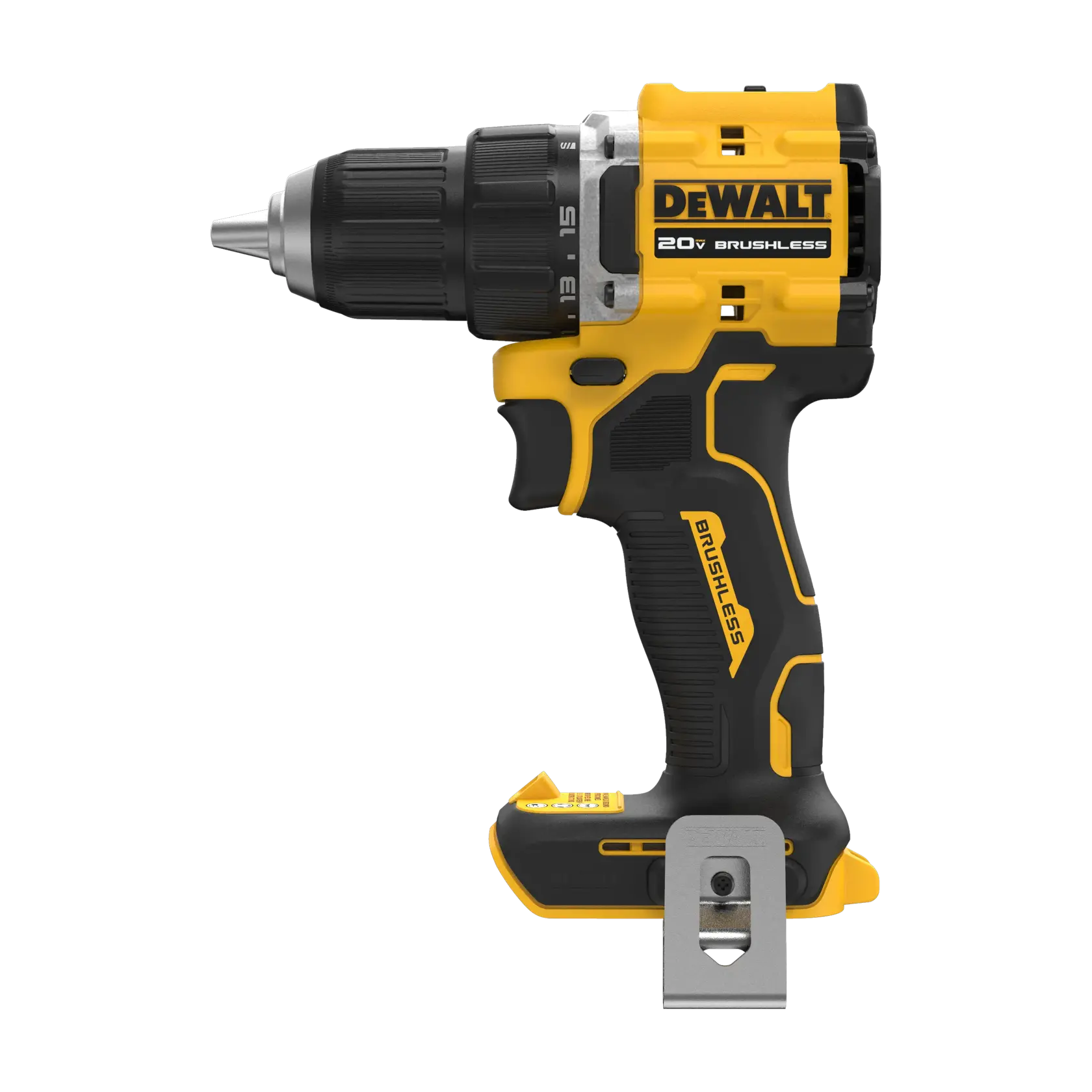 A DEWALT 20V brushless cordless drill, shown upright against a white background. The drill features a yellow and black color scheme, an ergonomic handle, and a metal belt clip.