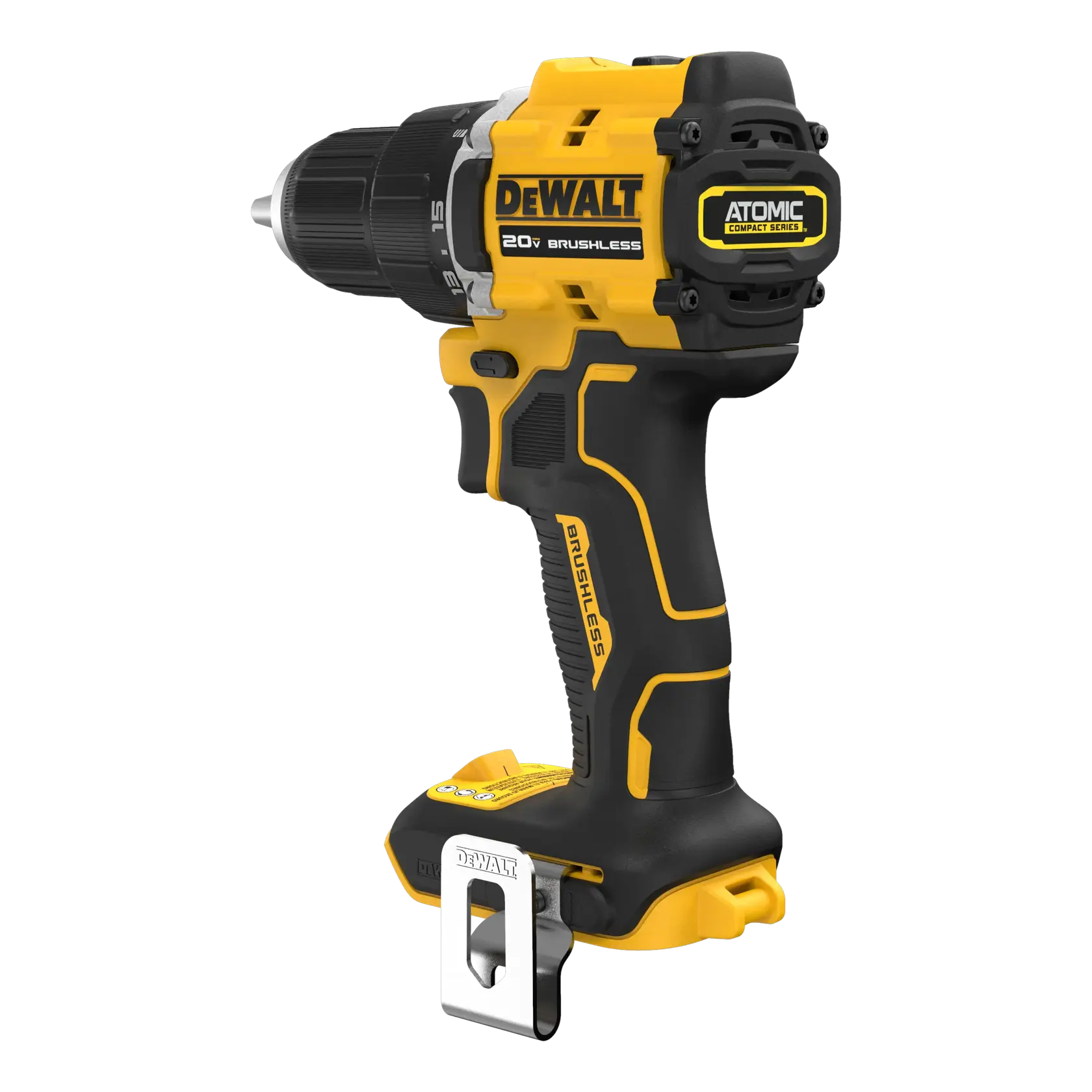A yellow and black DEWALT 20V brushless cordless drill from the Atomic Compact Series, featuring a comfortable grip, a metal belt clip, and compact design. Battery not attached.