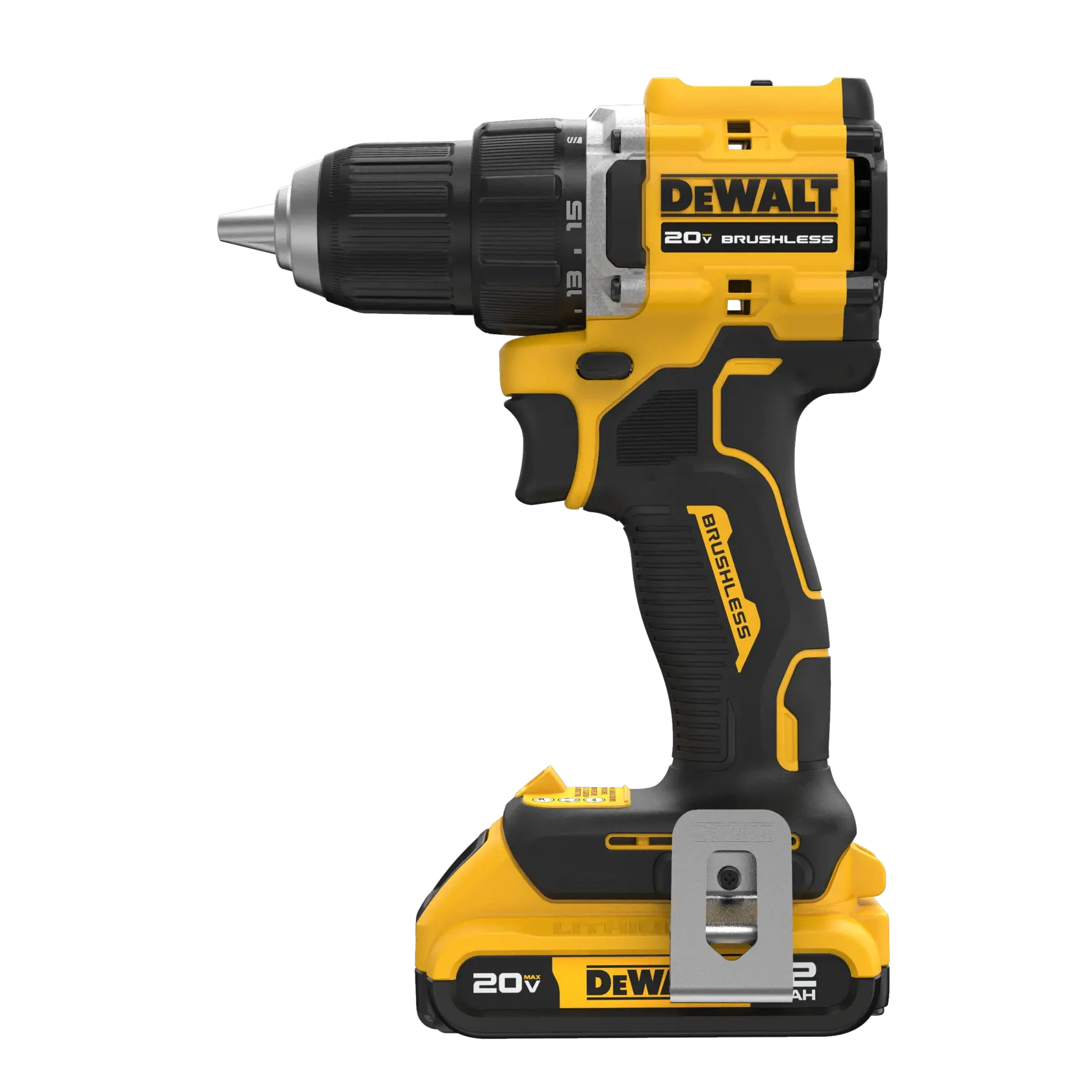 A 20V DEWALT cordless brushless drill with a black and yellow design, featuring a metal clip attached to the base and a textured handle.