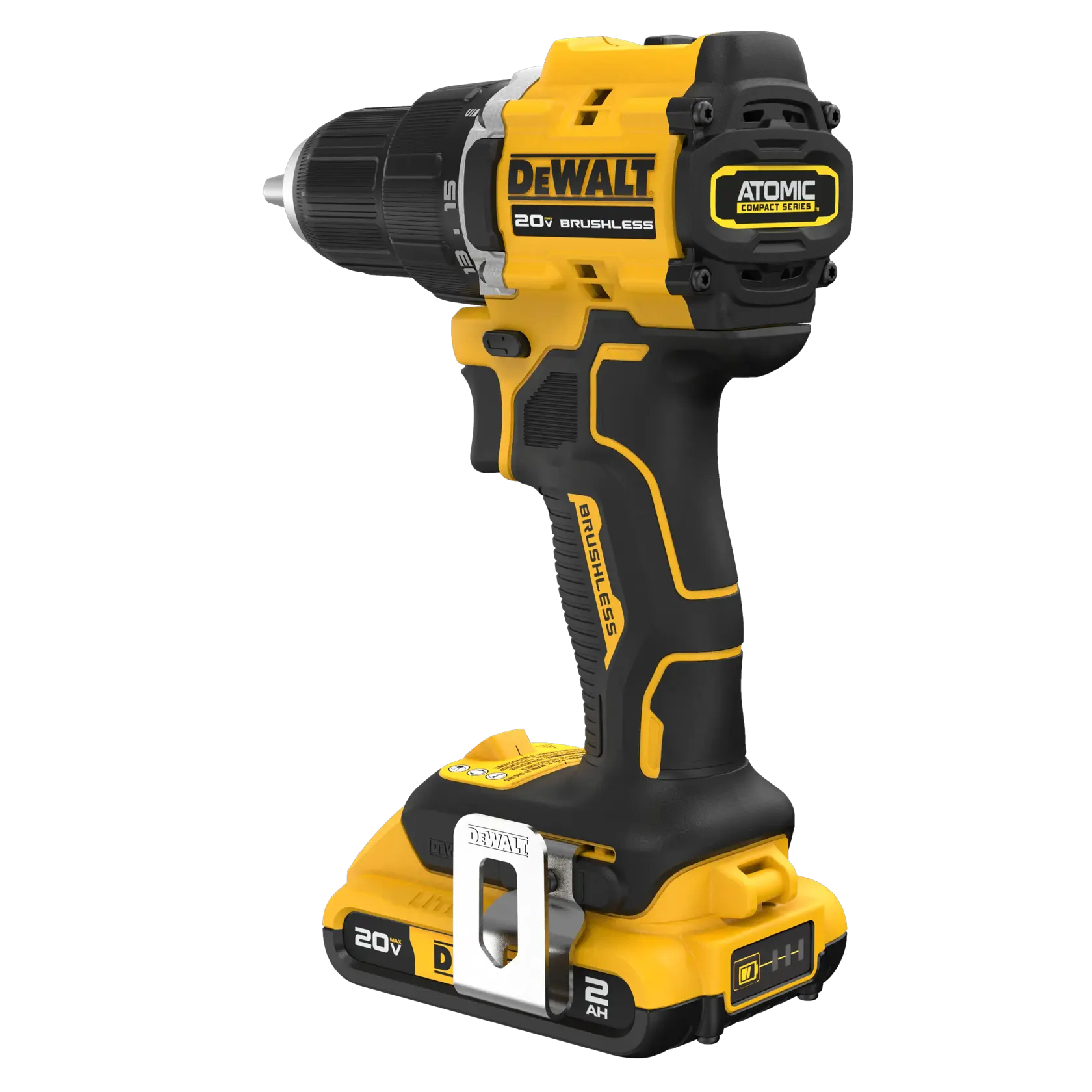A DEWALT 20V brushless cordless drill from the Atomic Compact Series, featuring a yellow and black ergonomic design with a rechargeable battery.