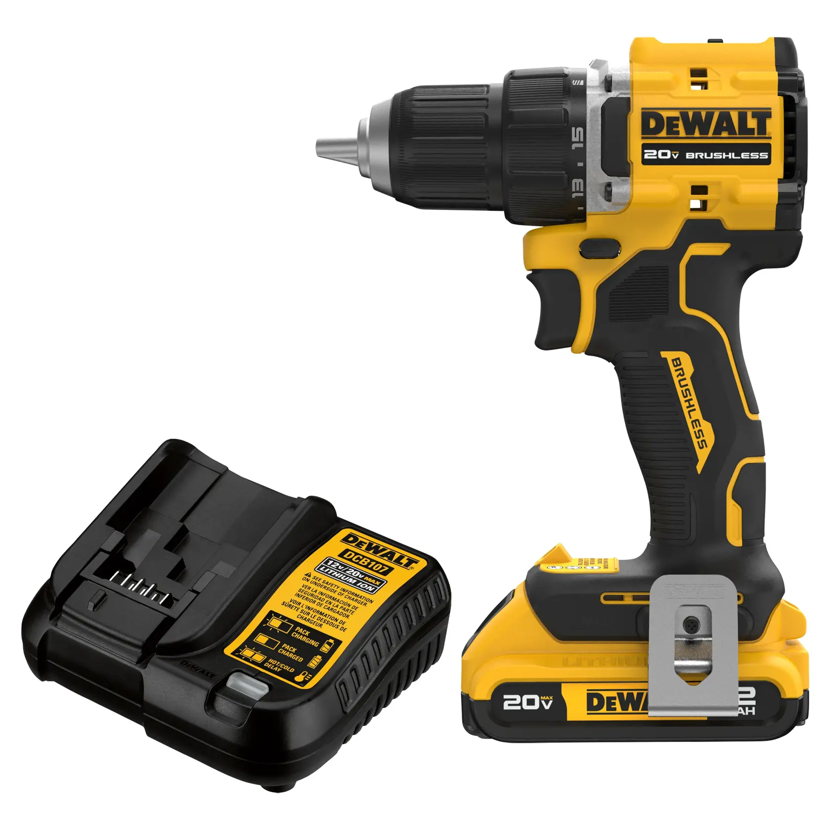 A yellow and black DEWALT 20V brushless cordless drill with an ergonomic handle and metal belt clip, featuring a battery pack at the base.