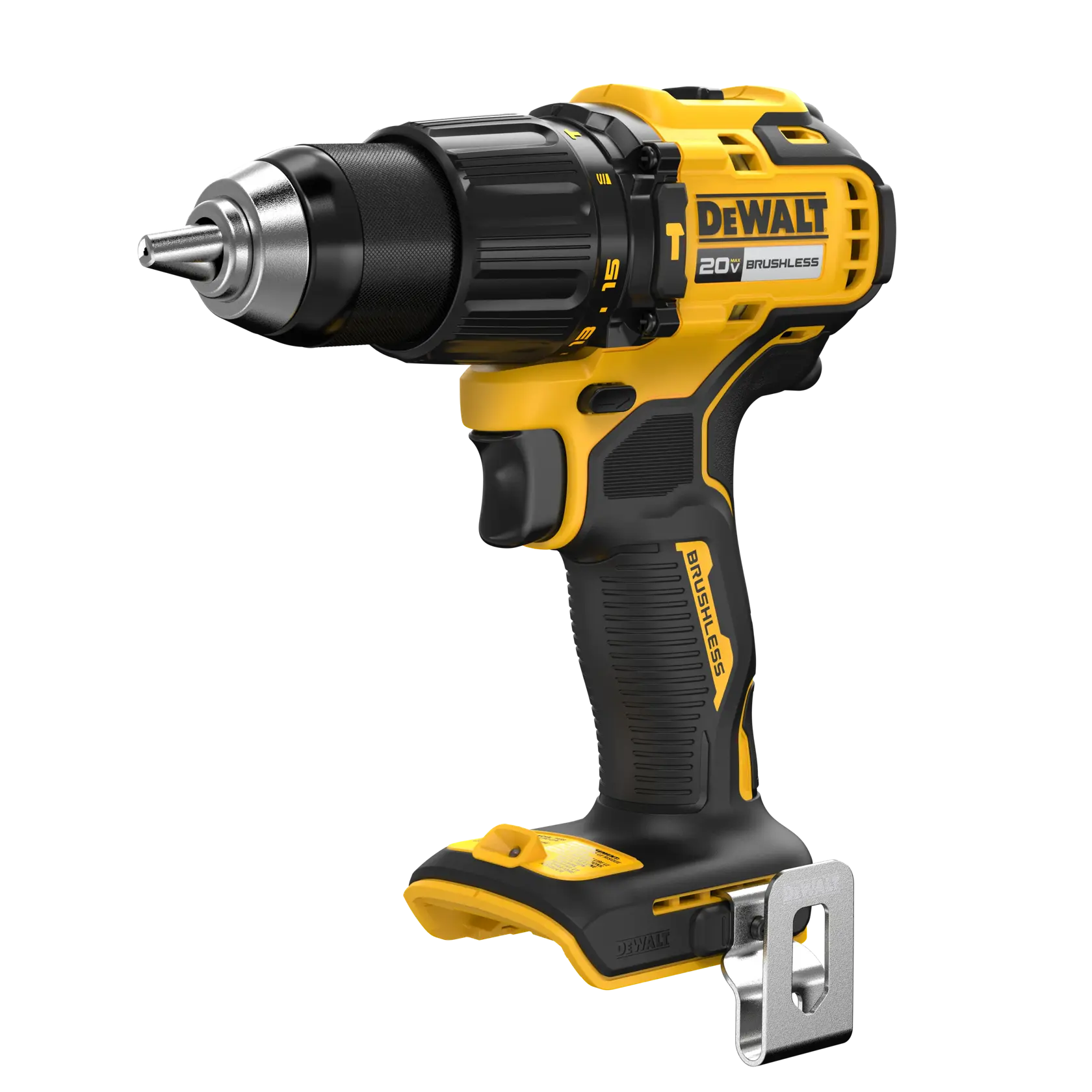 A DEWALT 20V brushless cordless drill with a yellow and black design, ergonomic handle, and metal belt clip, shown on a white background.