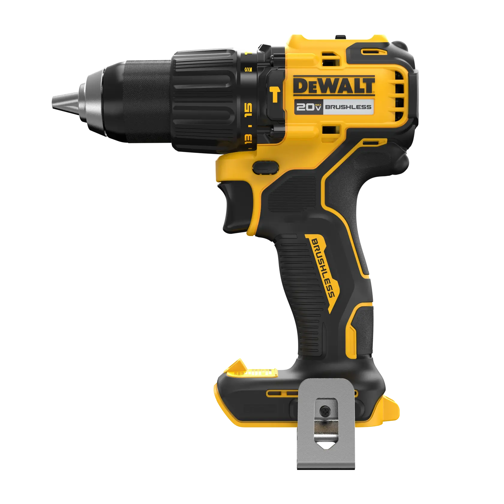 A DEWALT 20V brushless cordless drill, model DCD798B, shown in a side profile. The drill is black and yellow, has a contoured grip, metal belt hook, and a chuck for holding drill bits. The battery pack is not attached.