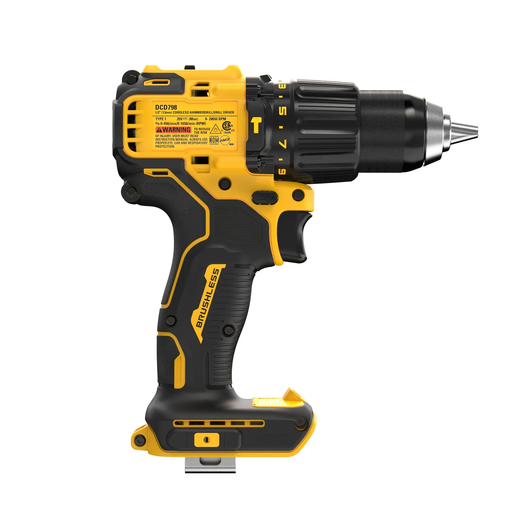 A DEWALT DCD798B cordless brushless hammer drill driver with a black and yellow design, side view. The tool has adjustment settings, a comfortable grip, and visible product labeling.