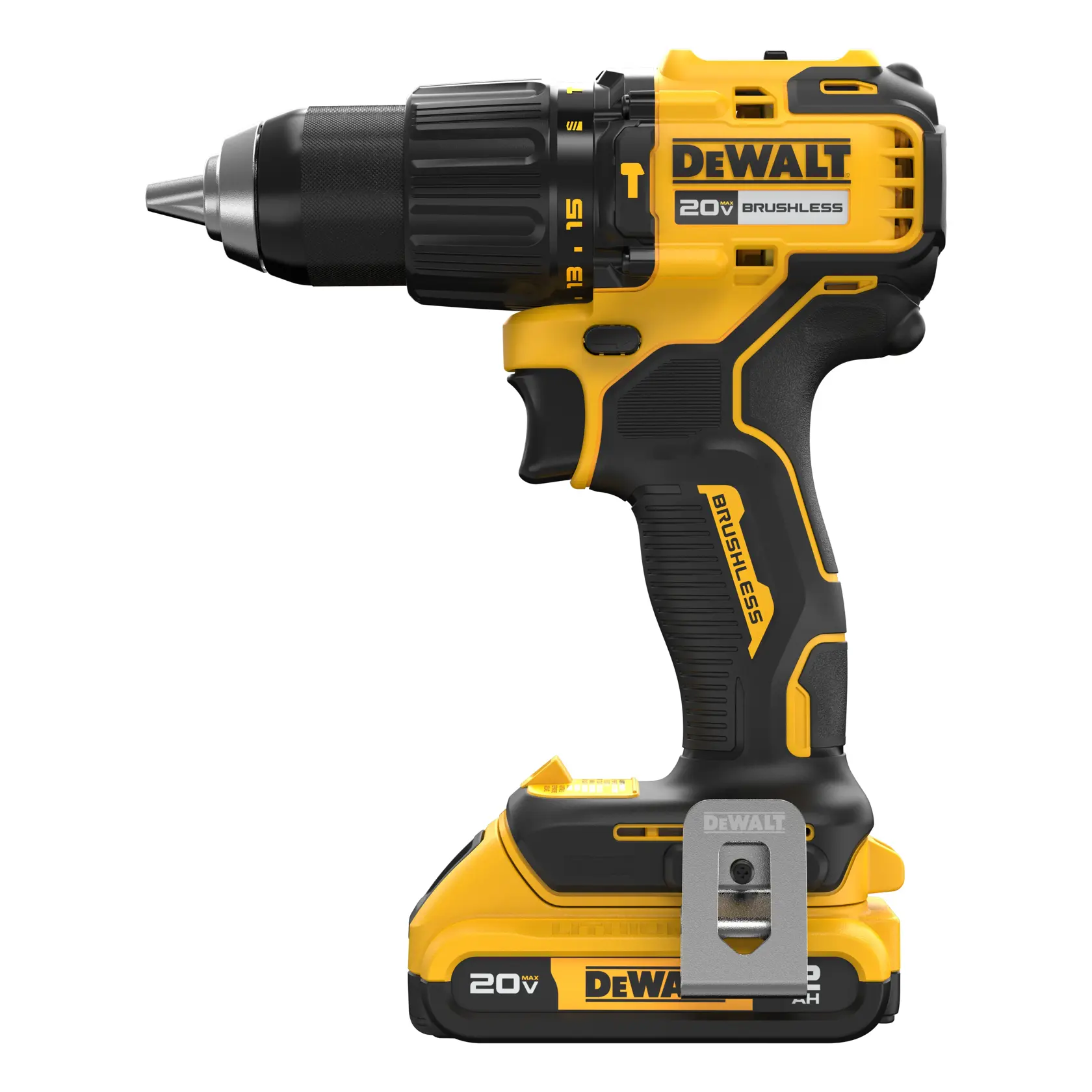 A yellow and black DEWALT 20V brushless cordless drill with a side belt clip, shown in profile on a white background.