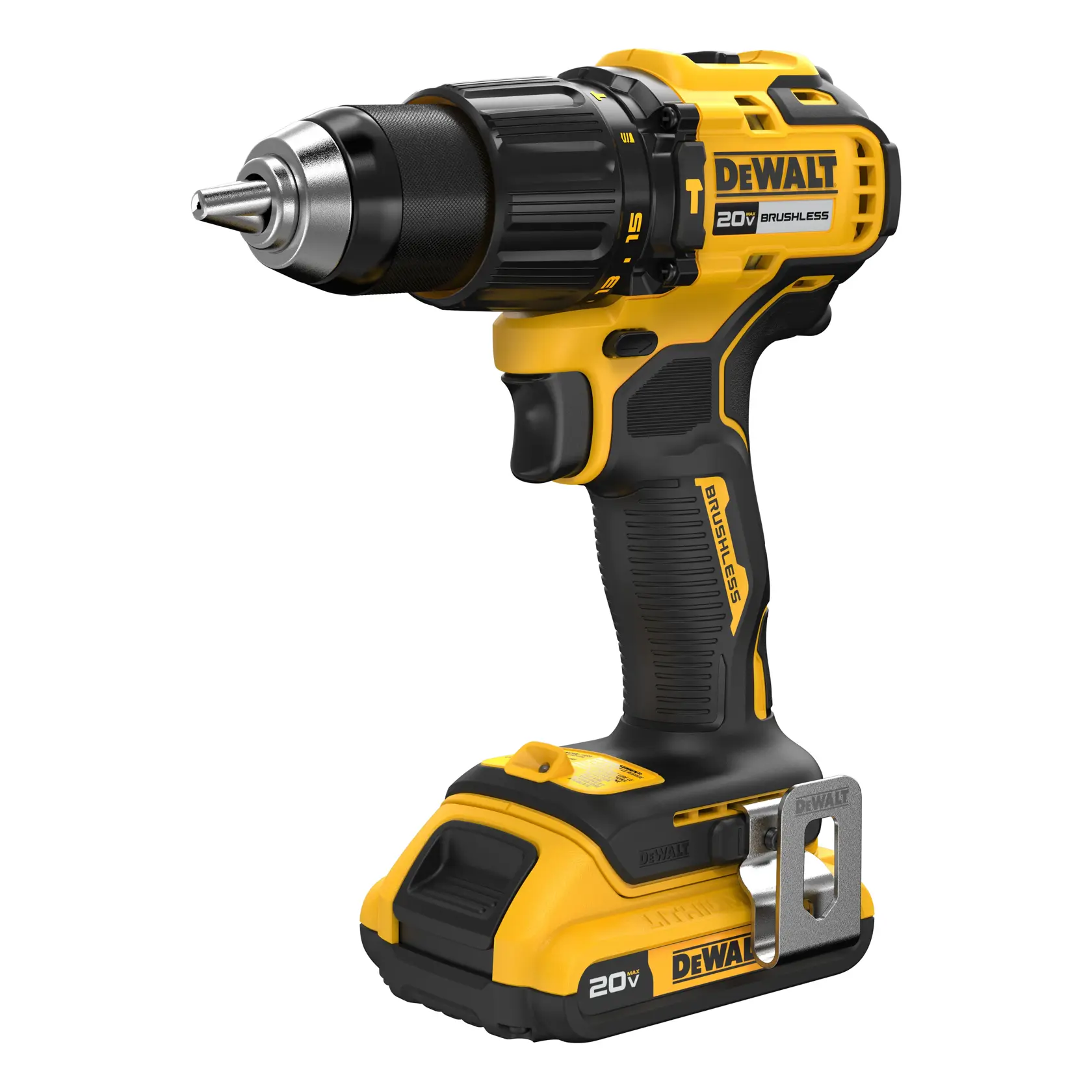 A DEWALT 20V brushless cordless drill with a yellow and black design, shown standing upright with a metal belt clip attached to the base.