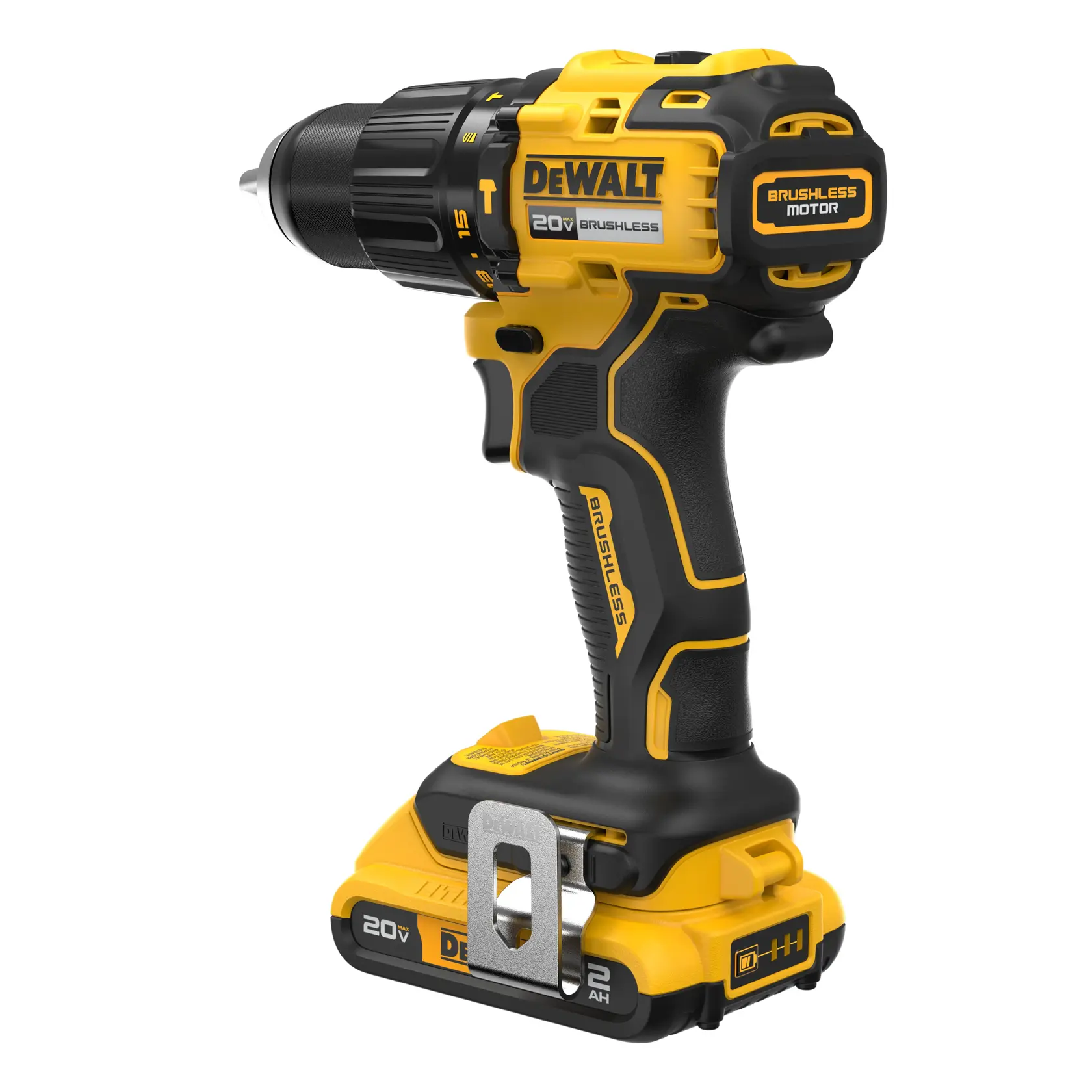 A yellow and black DEWALT 20V brushless cordless drill with a metal belt clip, shown standing upright on a white background.