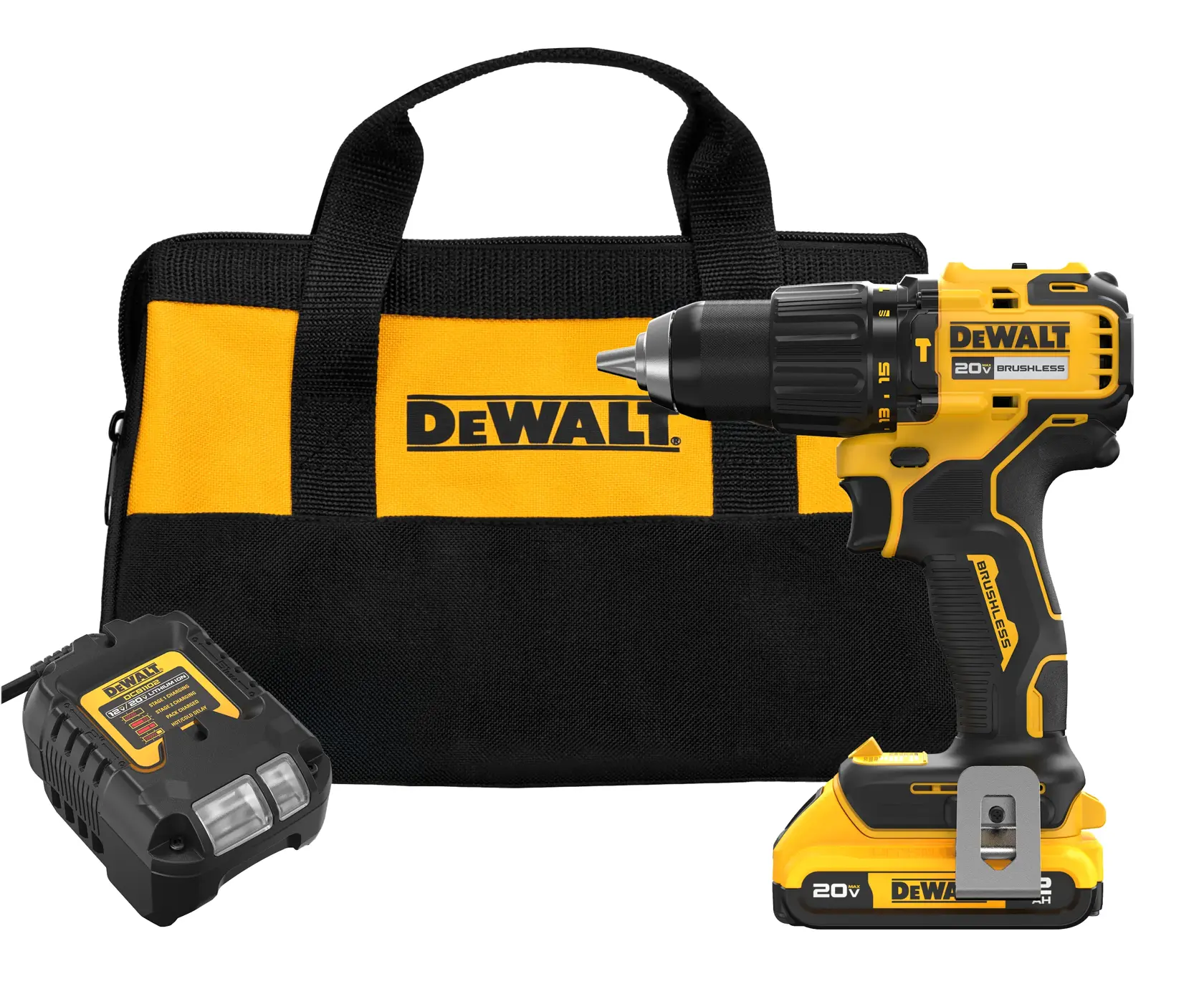 A DEWALT 20V cordless drill kit, including a yellow and black drill, a matching carrying bag with the DEWALT logo, and a battery charger.
