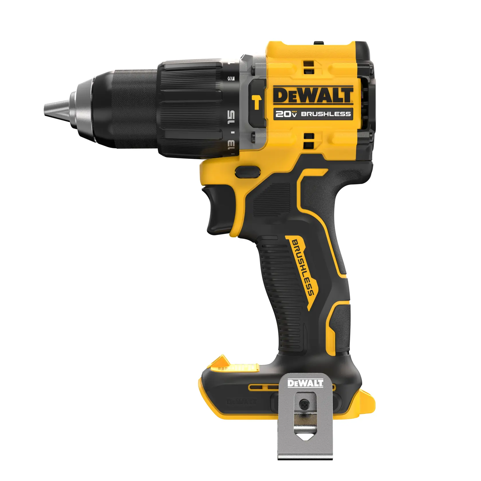 A DEWALT 20V brushless cordless drill, model DCD799B, featuring a yellow and black design with a metal belt clip attached to the base.