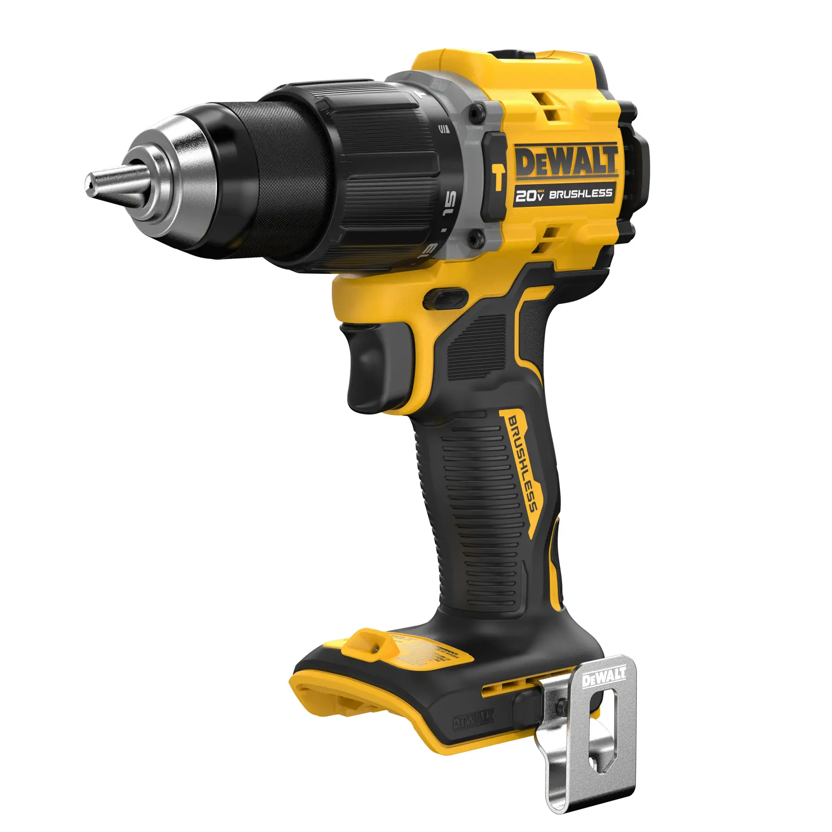 A DEWALT 20V brushless cordless drill with a yellow and black design, visible metal belt clip, ergonomic handle, and adjustable chuck.