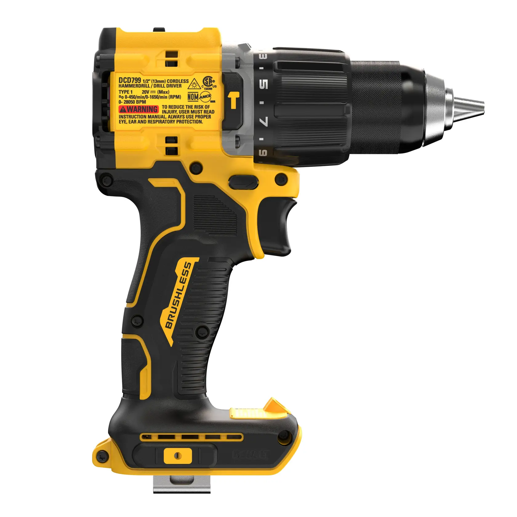 A DEWALT DCD799B cordless hammer drill/driver with a brushless motor. The tool is yellow and black, featuring a chunky grip, adjustable torque settings, and a metal drill bit holder.