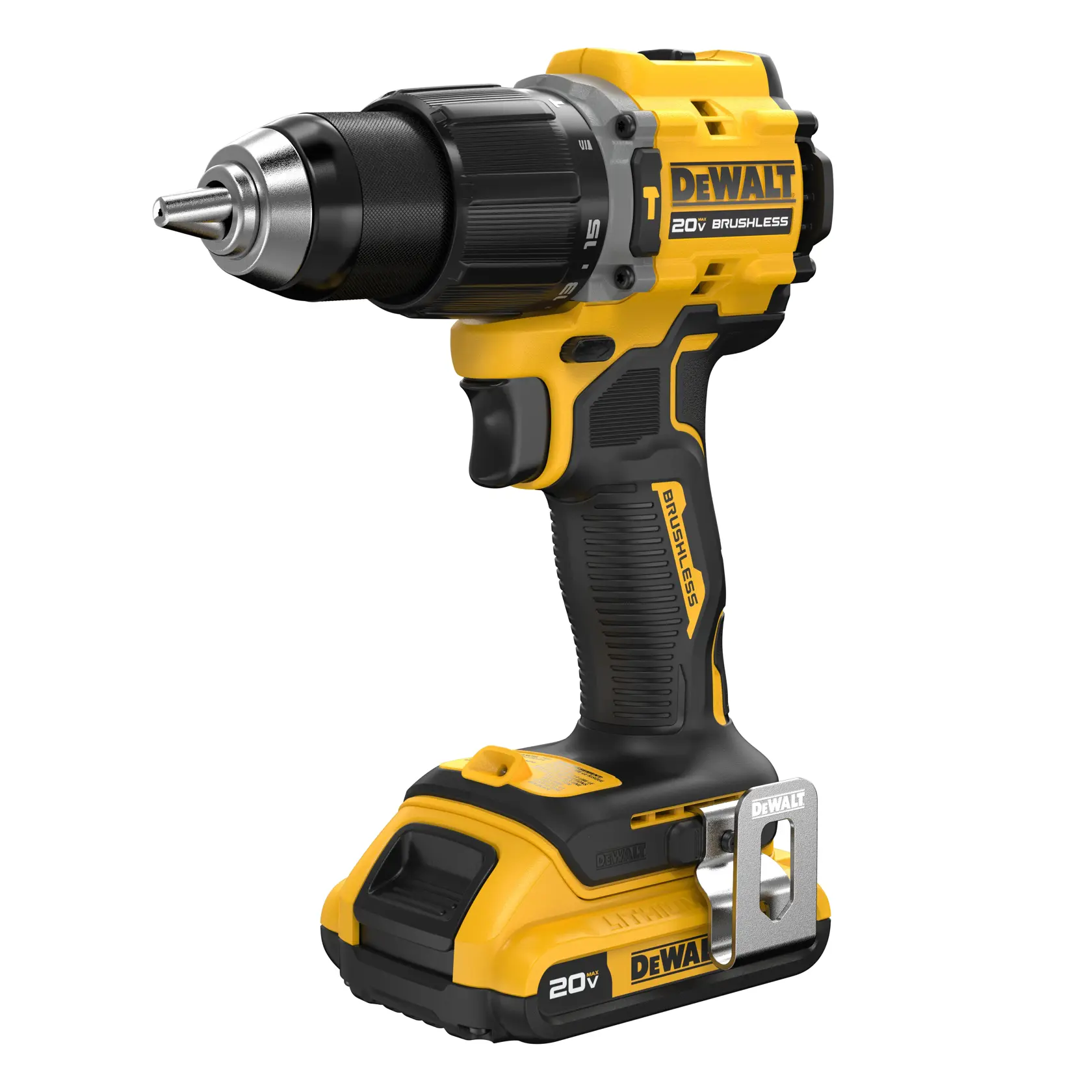 A yellow and black DEWALT 20V brushless cordless drill with a pistol grip, detachable battery pack, and metal belt clip, shown against a white background.