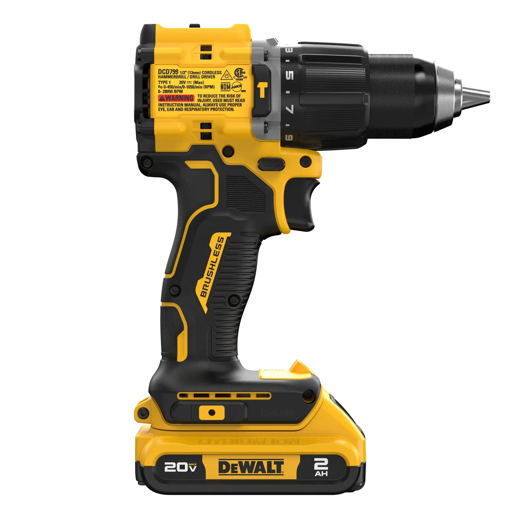 A DEWALT 20V cordless hammer drill, model DCD799D1, featuring a brushless motor and a 2Ah lithium-ion battery. The drill is yellow and black, with a visible DEWALT logo on the battery.
