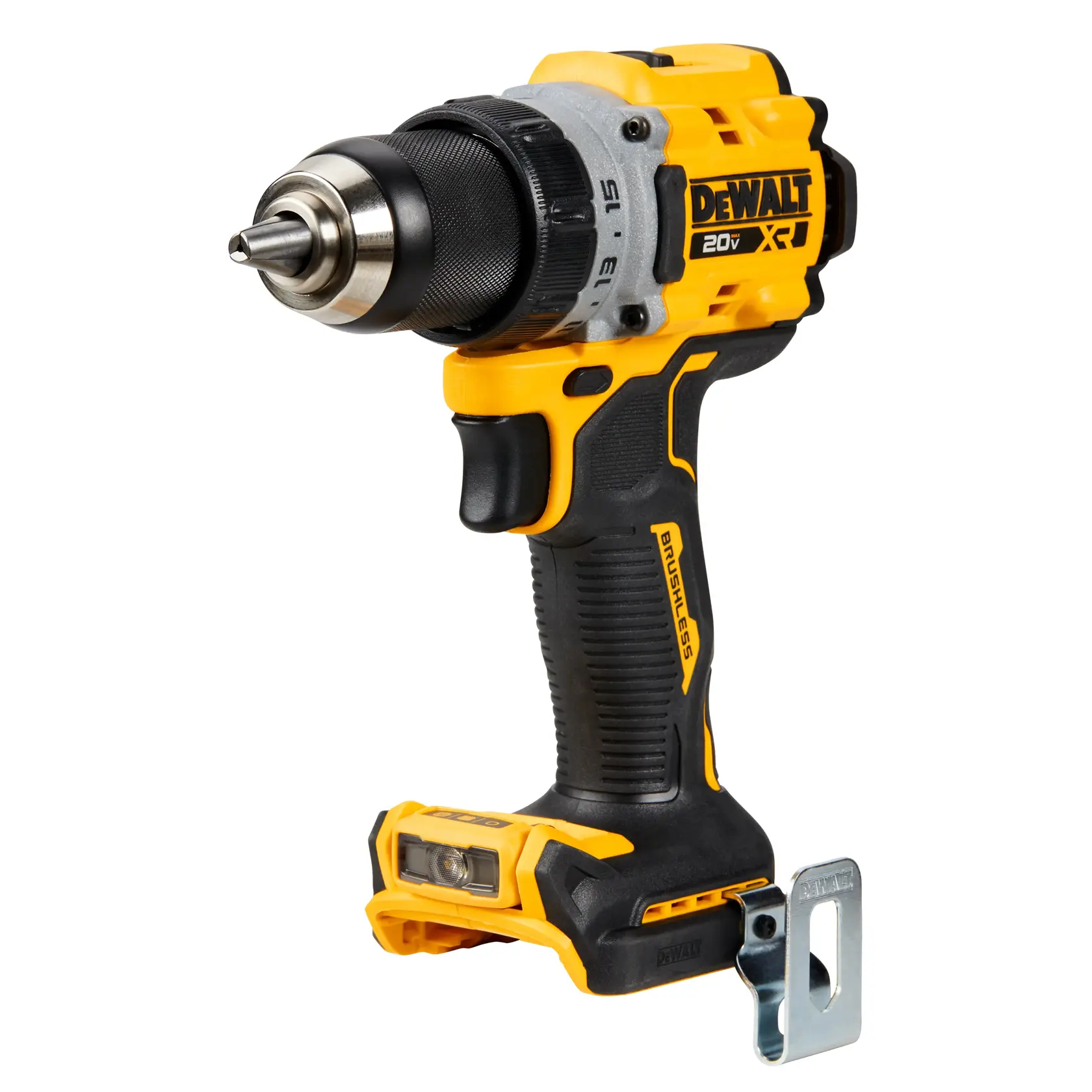 A DEWALT 20V cordless brushless drill driver, yellow and black, with a metal belt clip and adjustable torque settings. The battery is not attached.