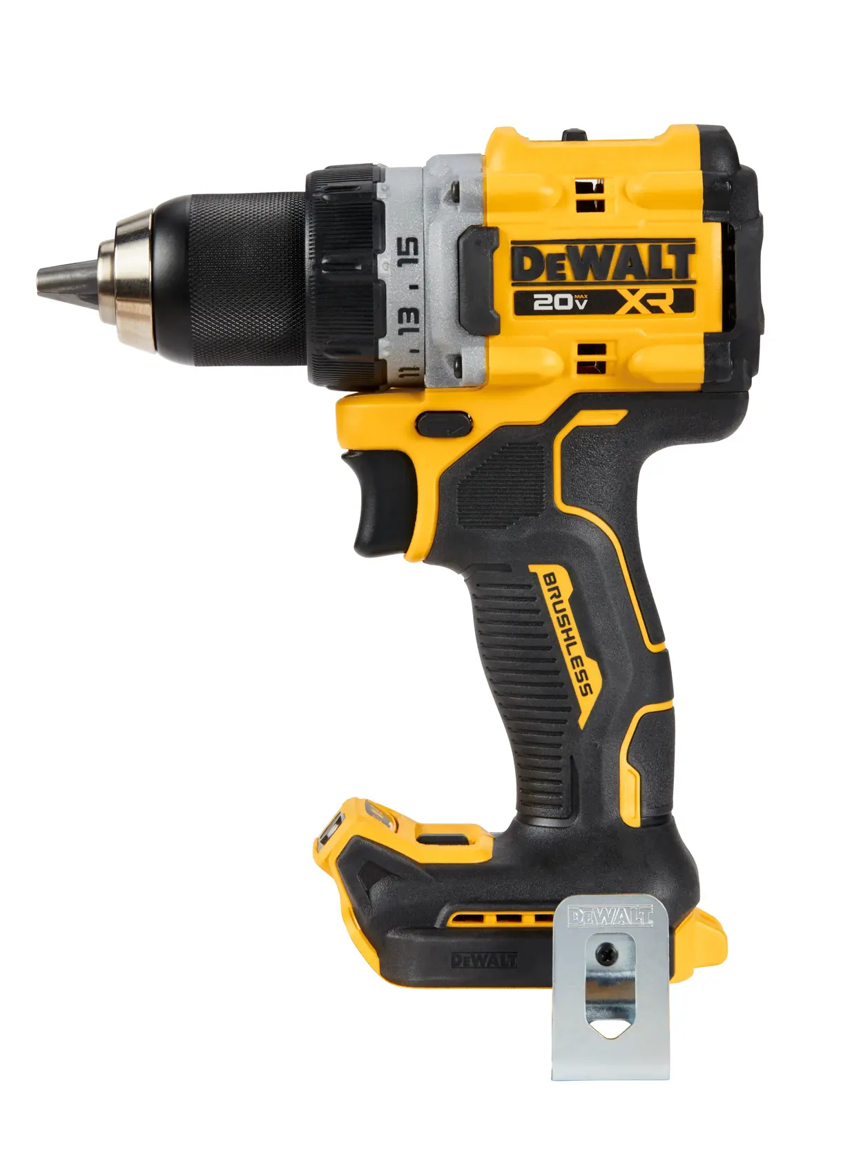 A DEWALT 20V XR cordless drill with a yellow and black body and brushless motor, shown in a side view. The tool features a metal clip at the base and ergonomic grip design.