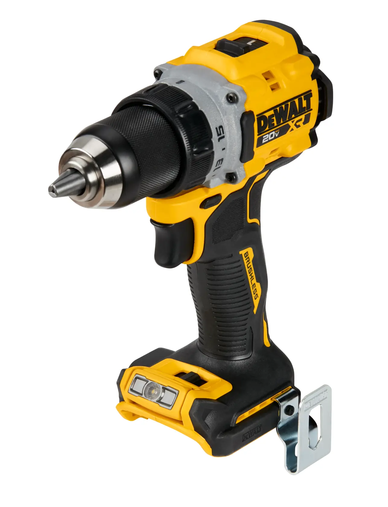 A DEWALT 20V XR cordless drill with a black and yellow design, featuring a metal chuck and side belt clip.